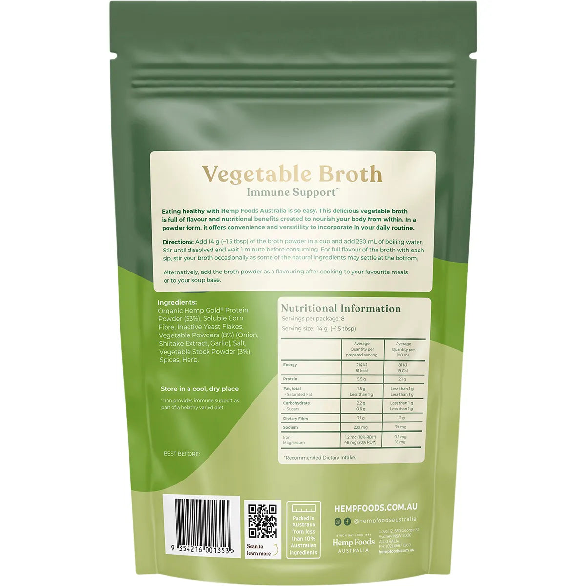Hemp Foods Australia Organic Vegetable Broth Powder - 112g | Plant-Based Superfood for Immunity Support | Perfect for Soups, Stews & Healthy Cooking