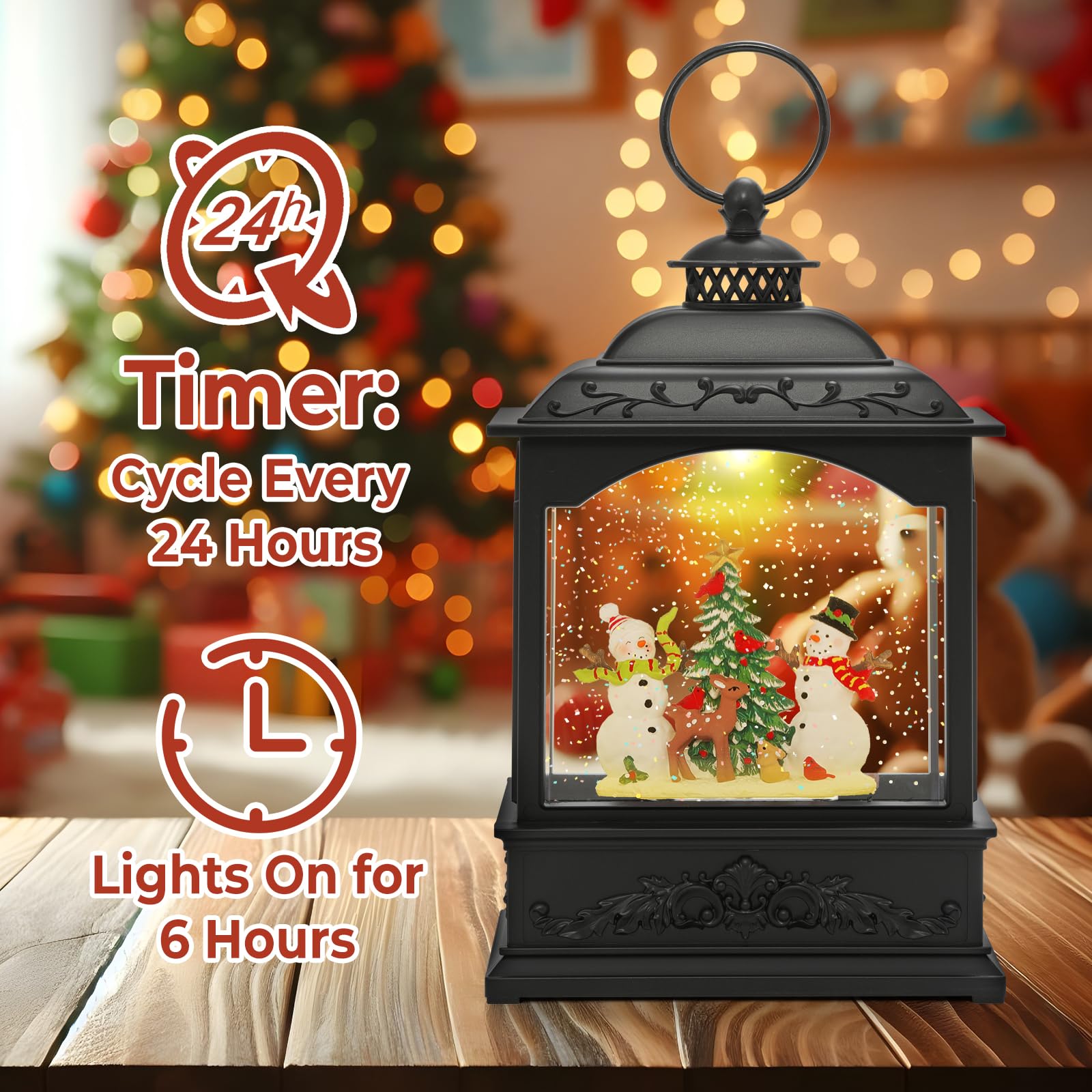 Christmas Snow Globe Lantern with Music & Timer - USB/Battery Powered Swirling Snowman Water Globe with Glitter - Perfect for Holiday Decor, Gift Giving & Winter Home Decor