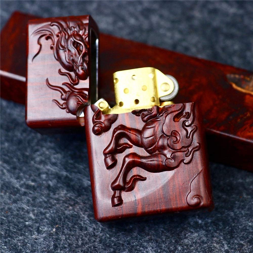 Premium Huanghuali Rosewood Carved Zippo Lighter Case - Handcrafted Natural Wood Cover with Exquisite Kylin Design | Perfect for Gifts, Collectors & Smoking Enthusiasts