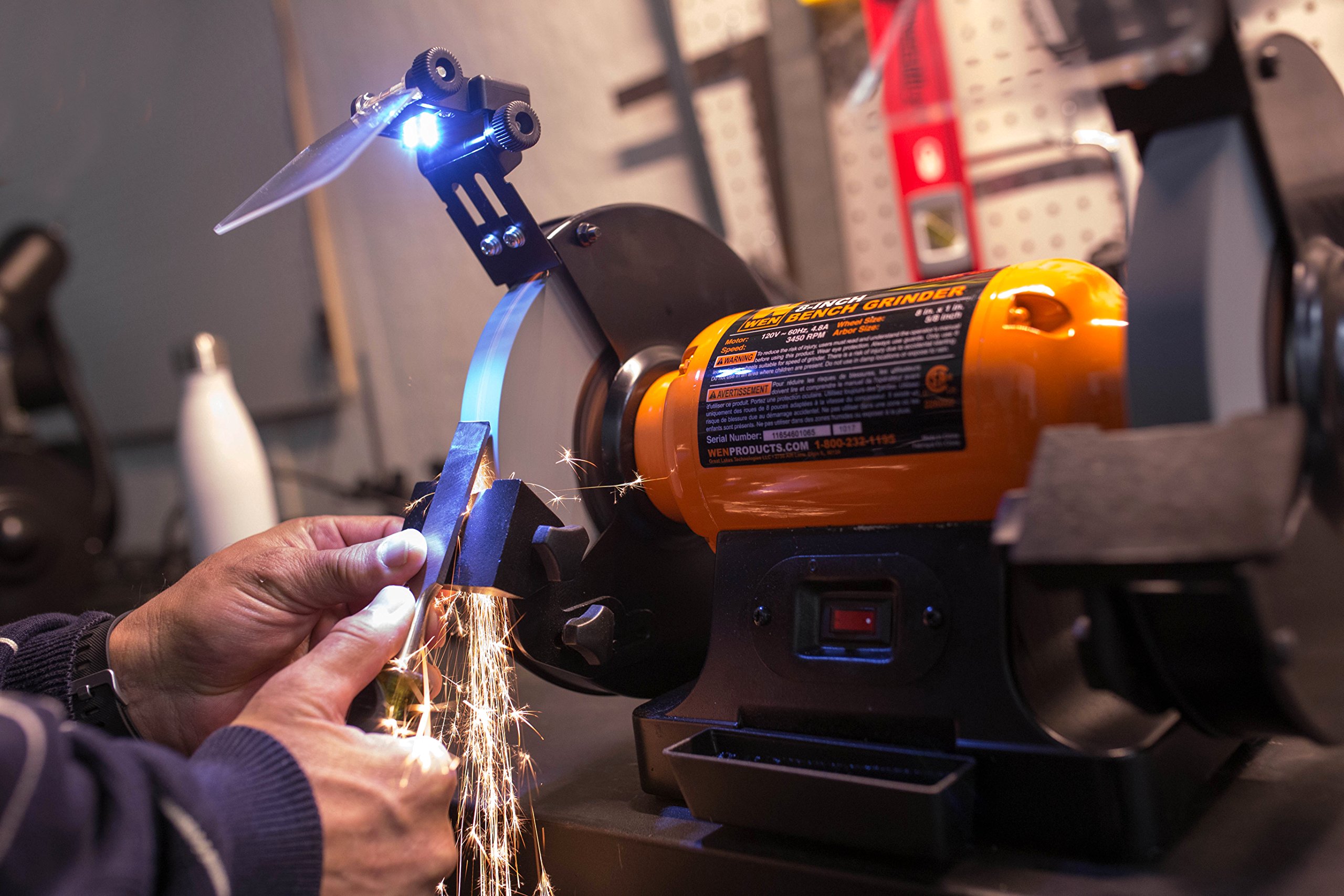 WEN BG4282 4.8-Amp 8-Inch Single Speed Bench Grinder with LED Work Lights | 14 x 10 x 11.75 Inches | Black & Orange | Perfect for Metalworking, Sharpening Tools & DIY Projects