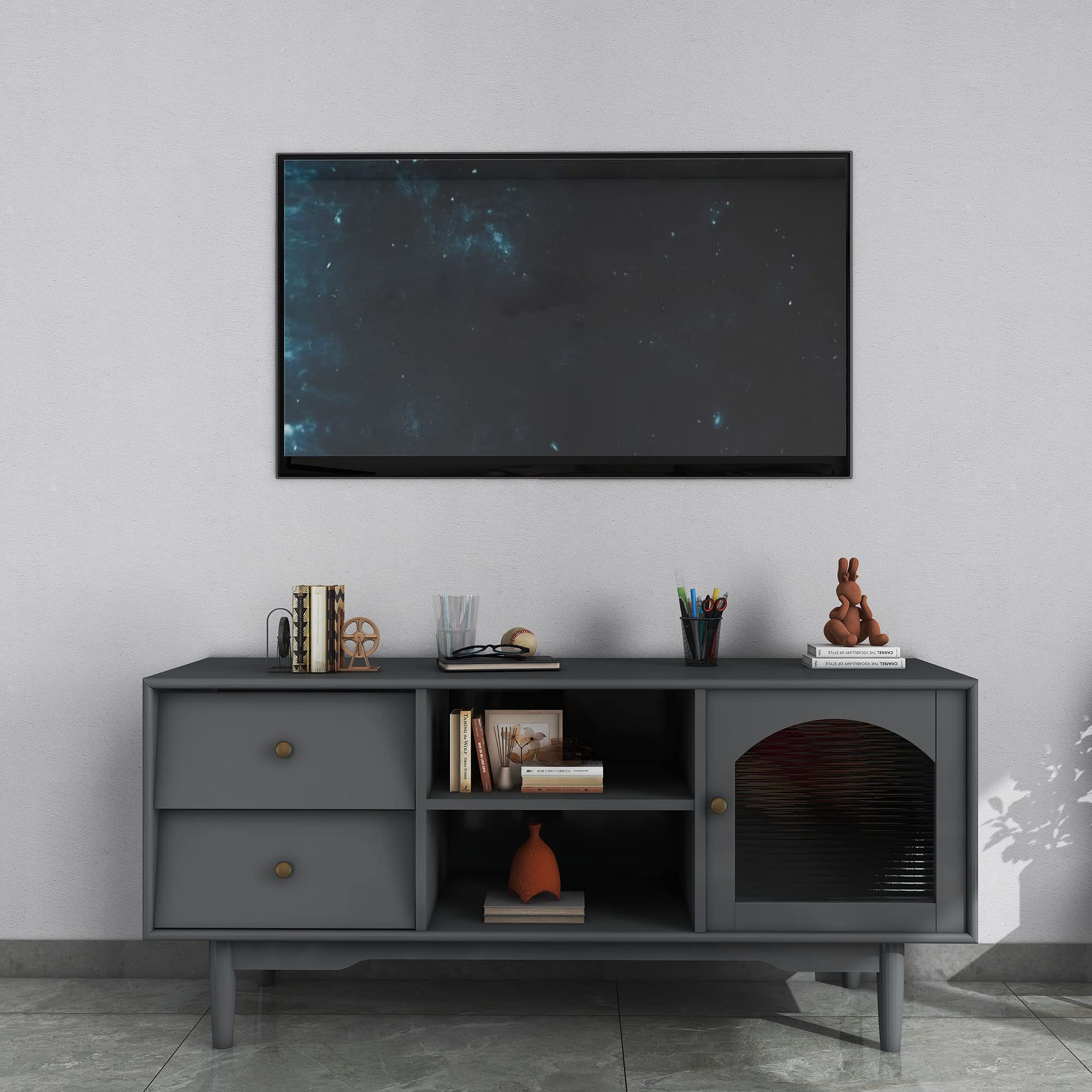 HIUU Retro TV Stand for 55 Inch TV - Wooden Entertainment Center with Drawers & Glass Doors, Living Room/Bedroom Storage Cabinet in Quiet Grey-Cream Black | Perfect for Home Theater Setup & Small Space Organization