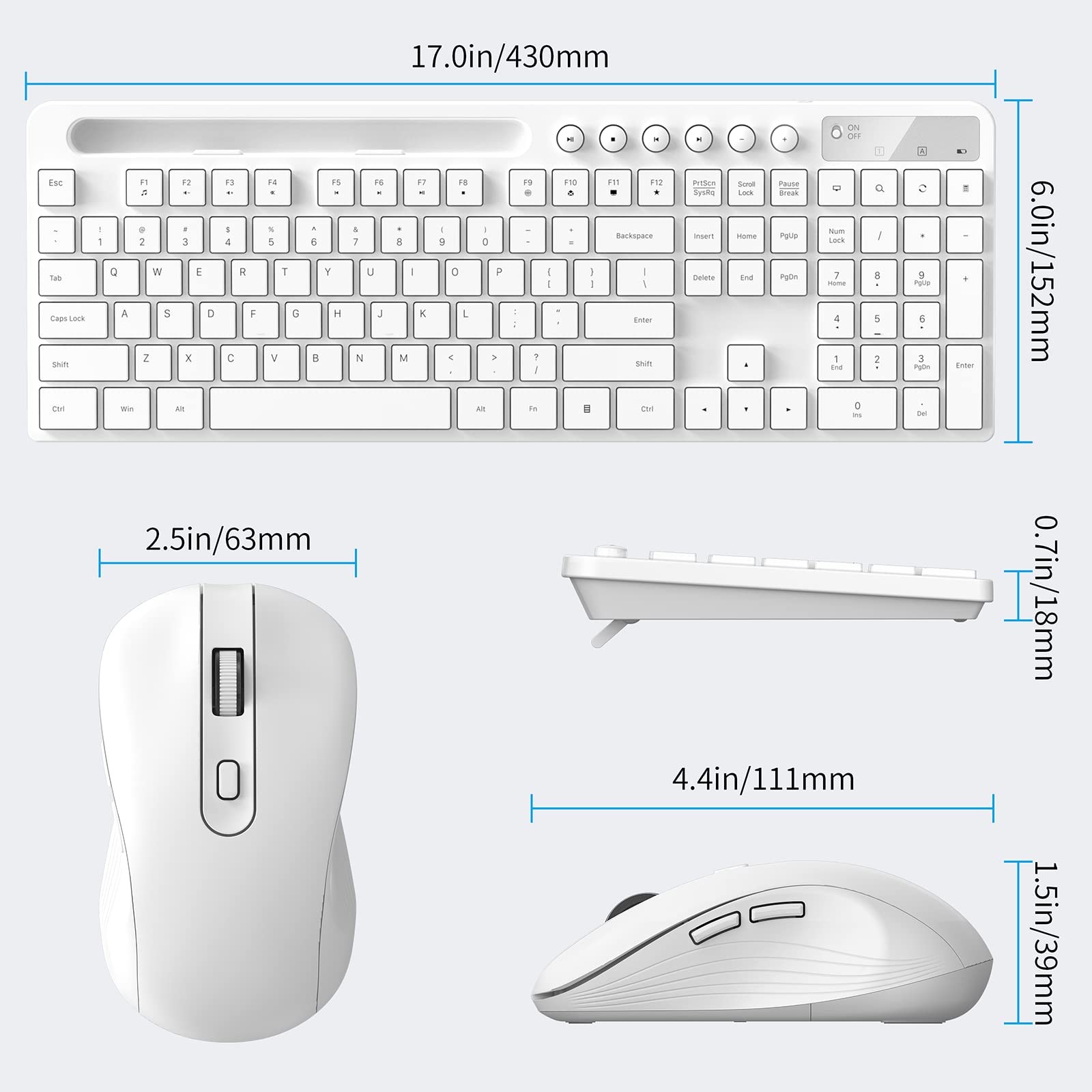 MARVO 2.4G Wireless Keyboard and Mouse Combo - Ergonomic Design with Silent 6-Button Mouse & Phone/Tablet Holder - Compatible with MacBook & Windows PC (White) - Perfect for Office, Home & Remote Work