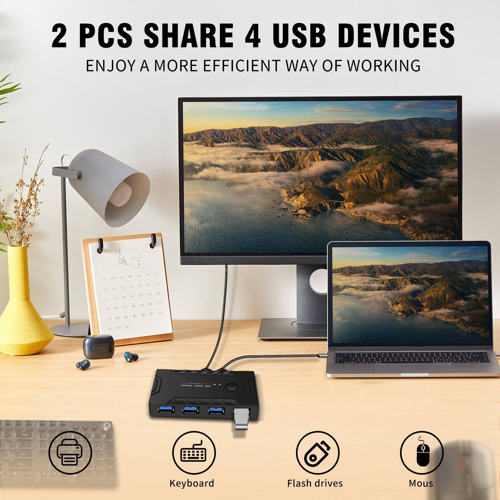 PCIVZXAM USB 3.0 KVM Switch 2 Port Input 4 Port Output - High Speed USB 3.0 Hub for Keyboard, Printer, Monitor - Perfect for Home Office, Gaming Setup & Multi-Device Workstations