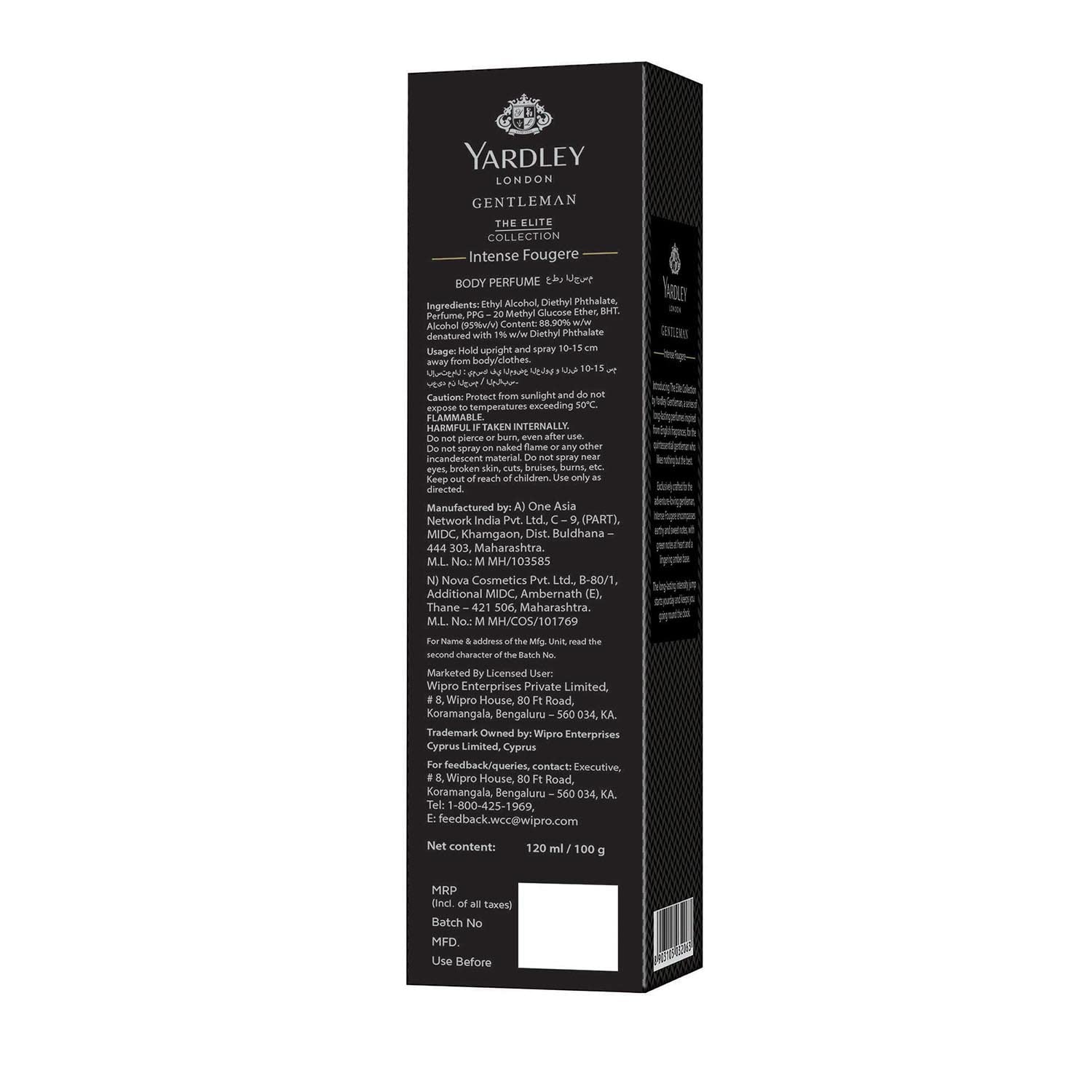 Yardley London Gentleman Intense Fougere Body Perfume Spray for Men - 120ml | Long-Lasting Cologne | Alcohol-Free Deodorant | Fresh & Masculine Scent | Perfect for Work, Date Night & Special Occasions