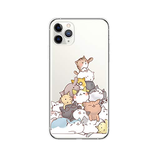 Cute Cat Pattern Transparent Soft TPU Protective Case for iPhone 12 Pro (6.1 Inch) - Fun Cartoon Animal Style Clear Phone Cover for Women & Girls | Perfect for Daily Use, School, Work & Travel (Cat Pile Design)