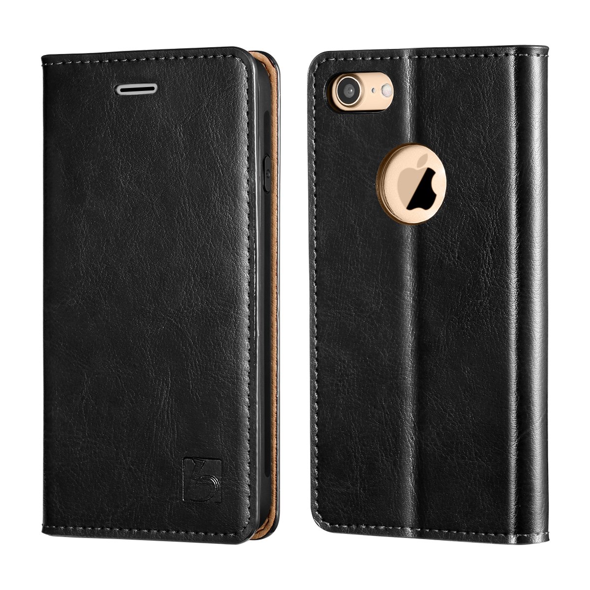 Belemay Genuine Cowhide Leather Wallet Case for iPhone 8 - RFID Blocking Flip Cover with Card Holder Slots, Kickstand & Cash Pocket (Black) | Perfect for Business Travel, Daily Commute & Hands-Free Viewing