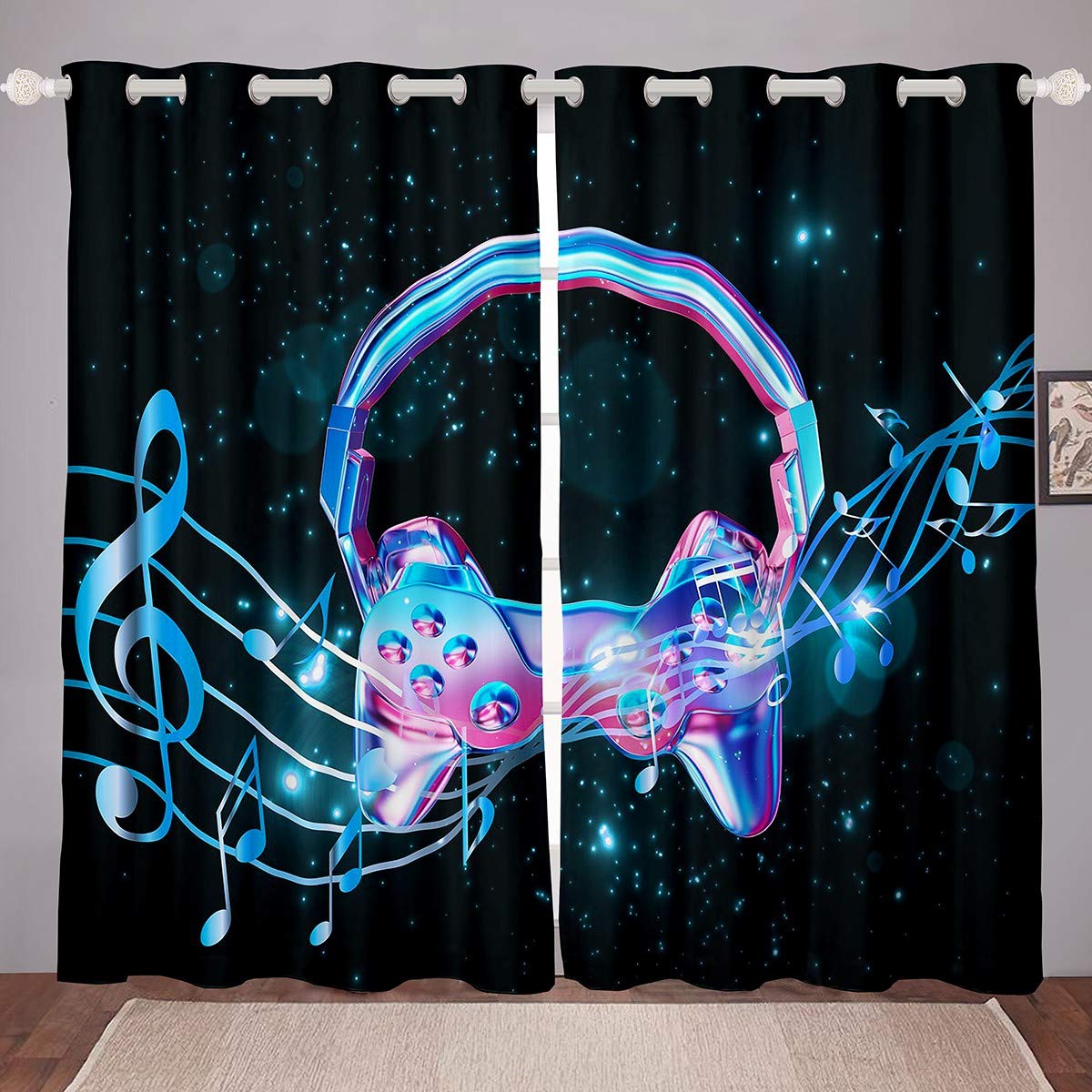 Black & Blue Gaming Curtains for Bedroom & Living Room - 42x63 Inch Video Game Headset & Controller Design Window Drapes for Kids, Teens & Gamers - Perfect for Gaming Rooms, Music Lovers & Game-Themed Decor (2 Panels)