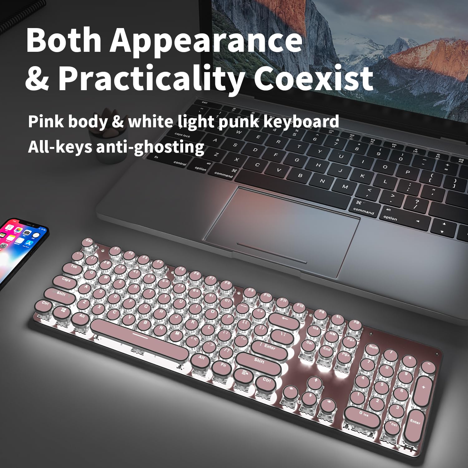 EWEADN TK950 Wireless Mechanical Keyboard - 104 Keys Typewriter Style with White Backlit, Blue Switch, Anti-Ghosting (Bluetooth/2.4GHz/USB-C) - Pink Cute Keyboard for Office, Gaming & Creative Writing