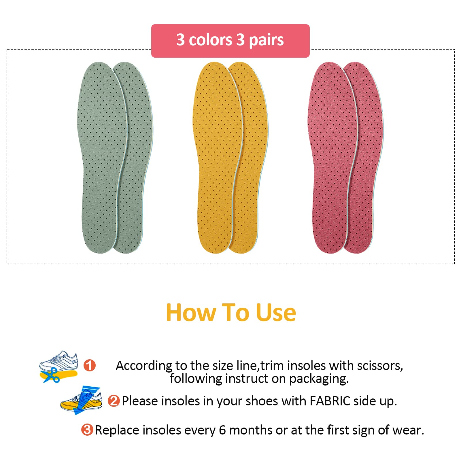 Sintege 3 Pairs Breathable Shoe Insoles for Men & Women - Ultra Soft Cushioning Double Layer Latex Foam Inserts - Comfortable Walking & Running Support (Men 7-11, Women 2-8) - Perfect for Work, Sports & Daily Wear