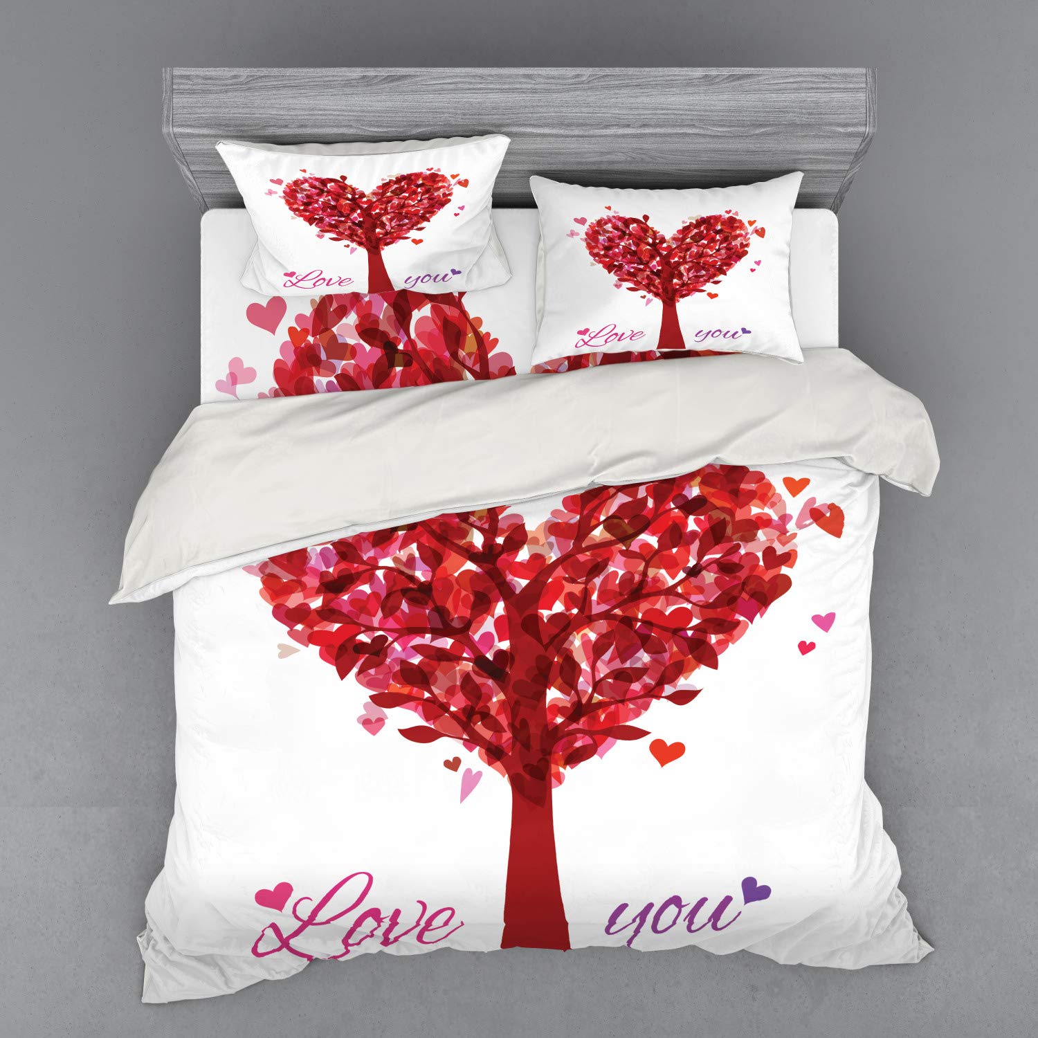Ambesonne Love Bedding Set - Heart-Shaped Tree Holiday Romance Garden Vintage Design 4-Piece Duvet Cover Set with Shams & Fitted Sheet, King Size, Ruby Pink Purple - Perfect for Valentine's Day, Anniversary Gifts & Romantic Bedroom Decor