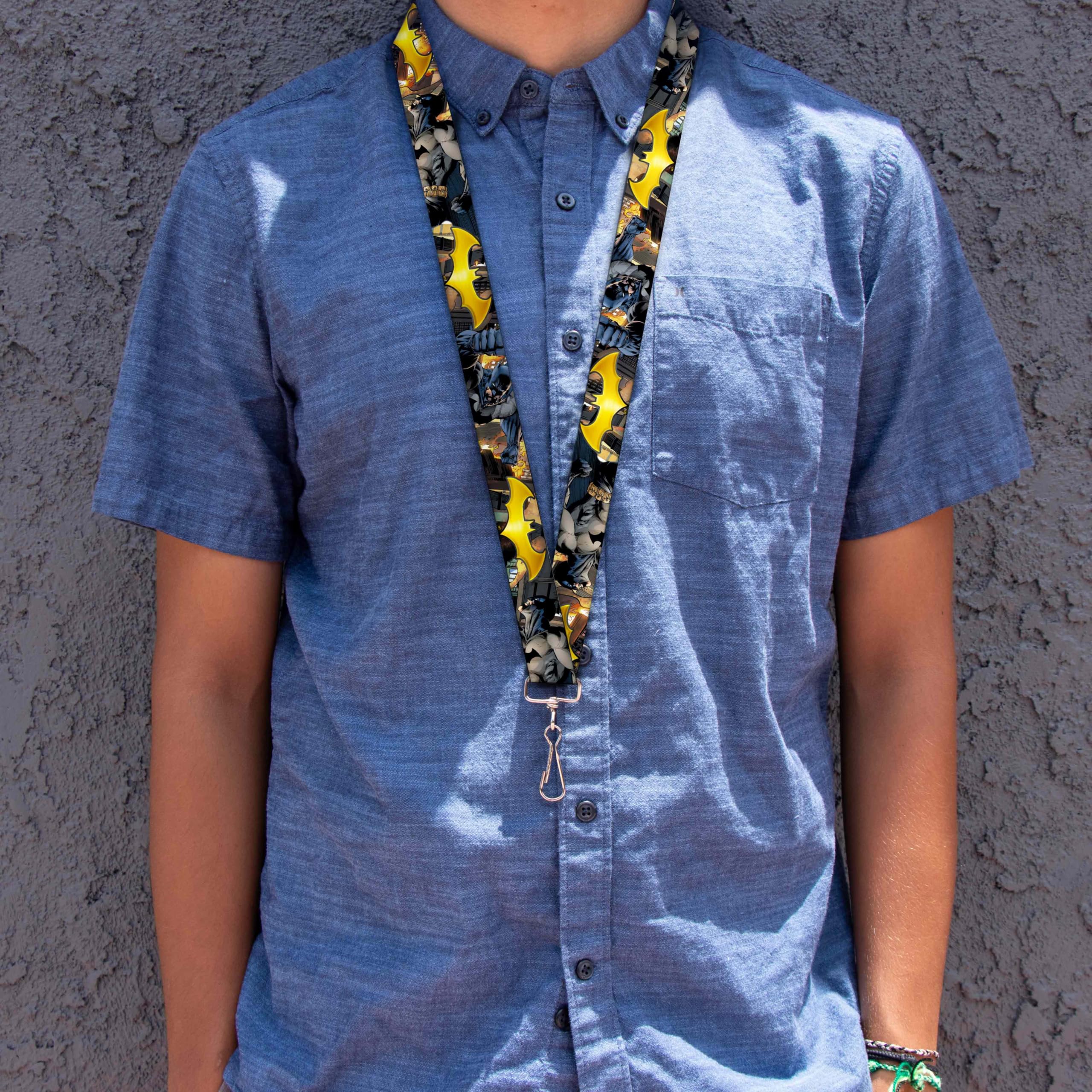 Buckle Down Lanyard 1.0 Inch - Batman Shield & Urban Legend Action Poses with Fire Design - Perfect for Comic Con, Cosplay, and Superhero Fans
