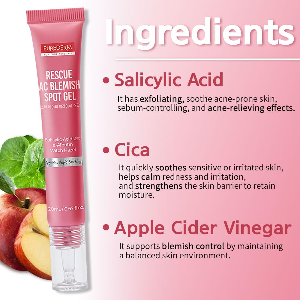 Purederm Blemish Spot Treatment Gel with 2% Salicylic Acid - Soothing Acne Care for Irritated Skin - Day & Night Use - 20ml - Perfect for Teen & Adult Acne, Breakouts & Sensitive Skin Care