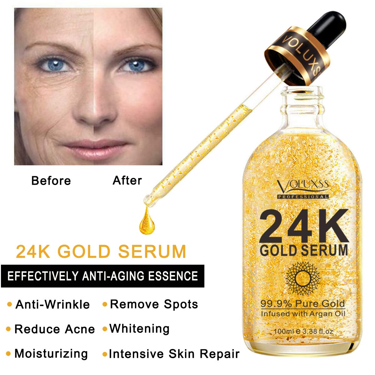 24K Gold Face Serum - Brightening & Anti-Aging Treatment with Vitamin C, Hyaluronic Acid & Argan Oil | Dark Spot Corrector, Fine Line Reducer | Korean Skincare Glow Booster | Perfect for Night Routine & Daily Hydration