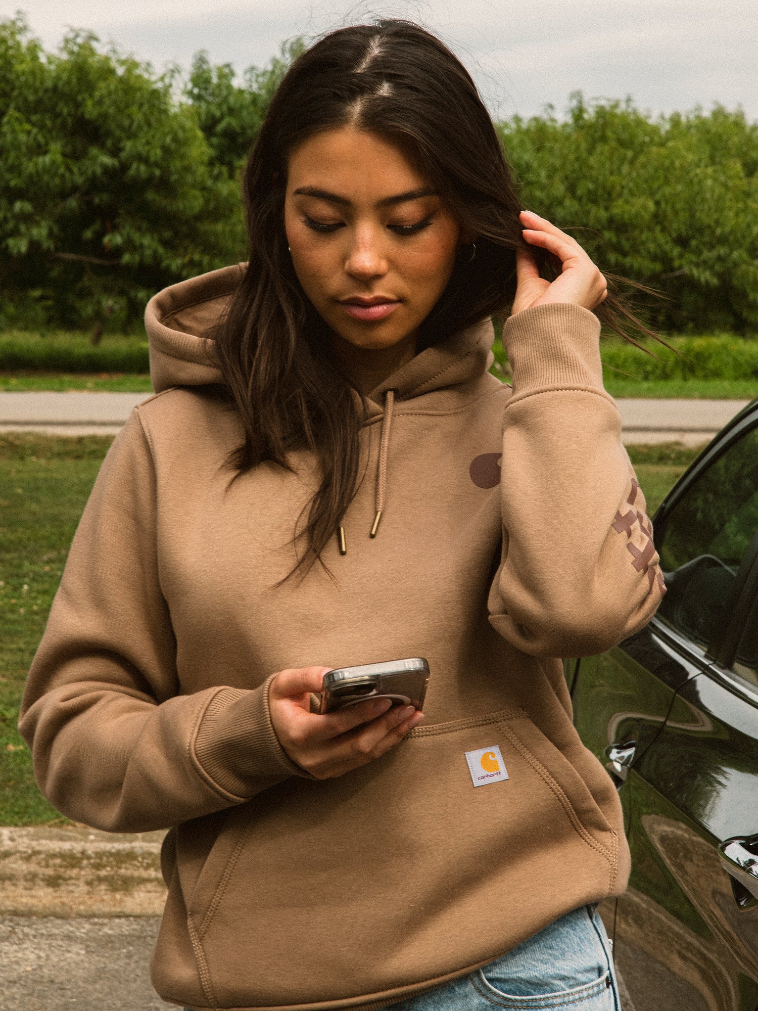 Carhartt Logo Sleeve Pullover Hoodie - Men's & Women's Heavyweight Cotton Sweatshirt for Work & Outdoor Activities