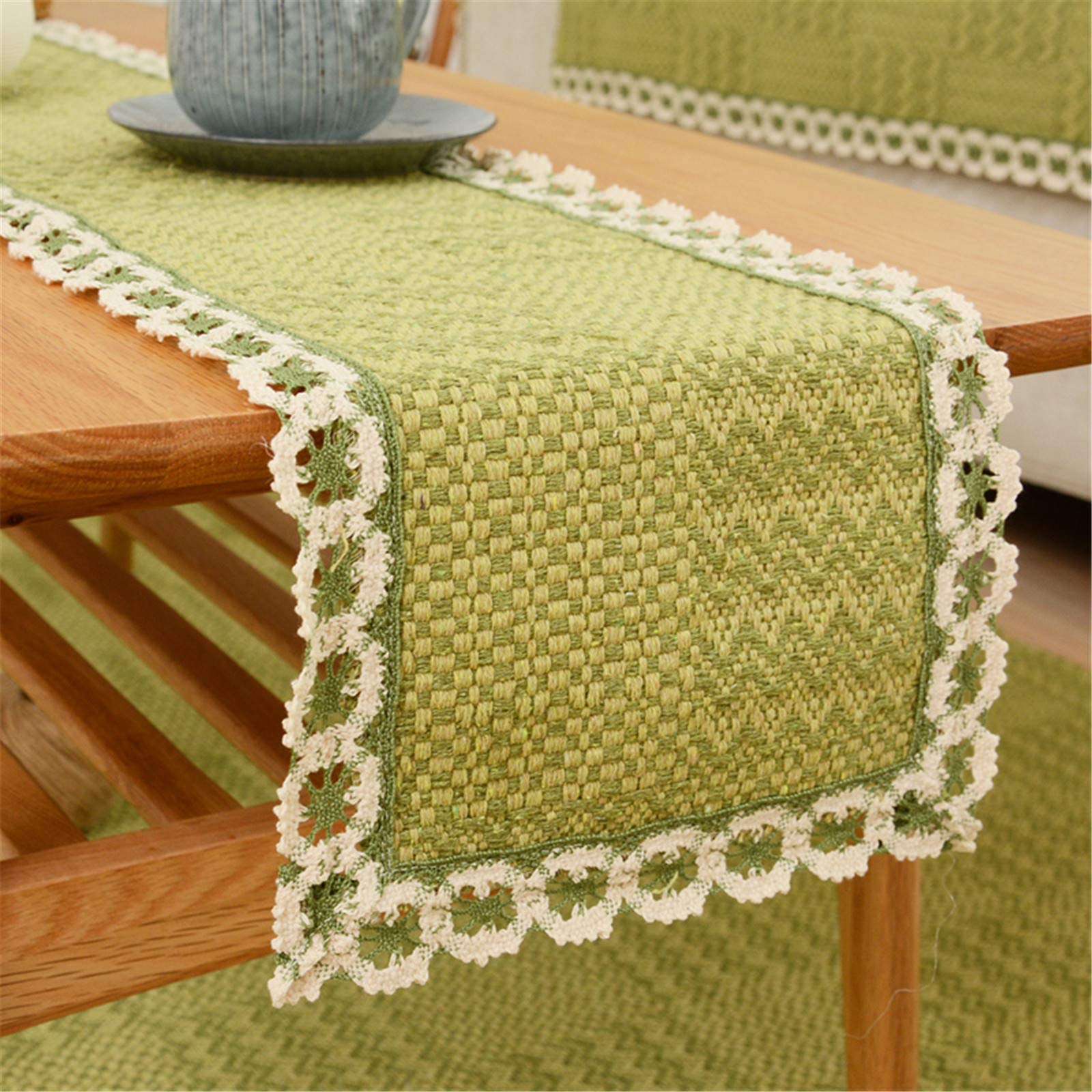 Fhberni Macrame Table Runner - Rustic Farmhouse Cotton Linen Dining Room Decor, 12 x 48 Inch, Green - Perfect for Wedding, Party, and Holiday Table Settings
