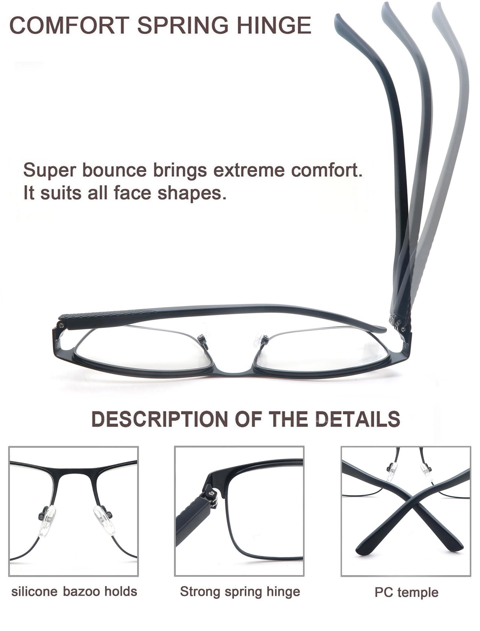 Blue Light Blocking Reading Glasses for Men - 3 Pack Square Metal Frame Readers with Spring Hinge | Anti Blue Ray Computer Glasses for Office Work, Gaming & Night Reading