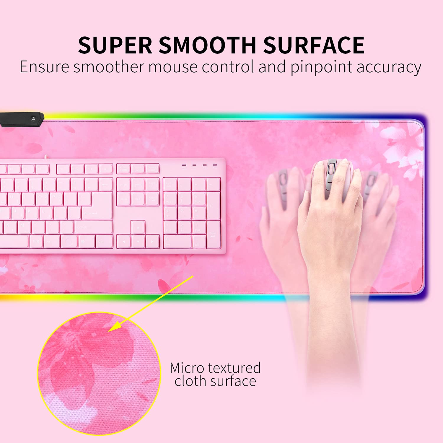 RGB Gaming Mouse Pad with 12 LED Lighting Modes - Large 31.5x11.8 Inch Non-Slip Rubber Base Desk Mat for PC Gaming, Keyboard & Mouse - Perfect for Esports, Streaming & Office Work (Pink)