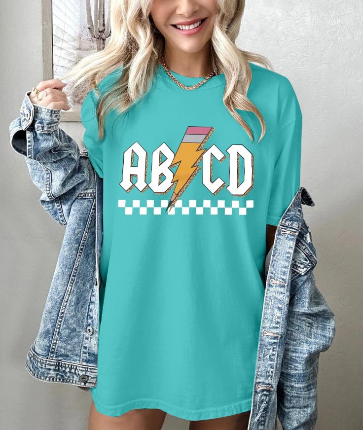 Funny Rock'n Roll Teacher Shirts for Women - MAXIMGR Life ABCD Pencil Graphic Short Sleeve Tee Top - Perfect for Classroom, Back to School & Teacher Appreciation Gifts