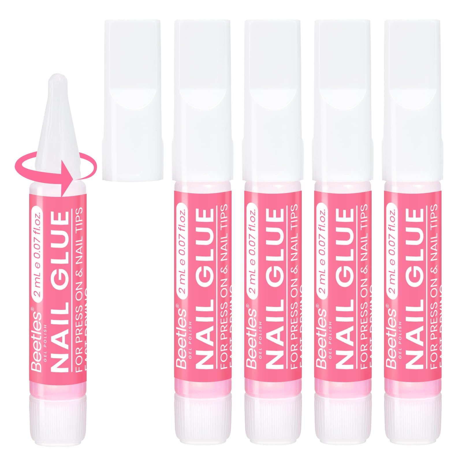Beetles Super Strong Nail Glue for Acrylic & Press On Nails - Professional Long Lasting Adhesive for Fake Nails, Nail Tips & Stick On Nails - 0.07oz (5 Pack) - Perfect for Salon, Home Manicures & Nail Extensions