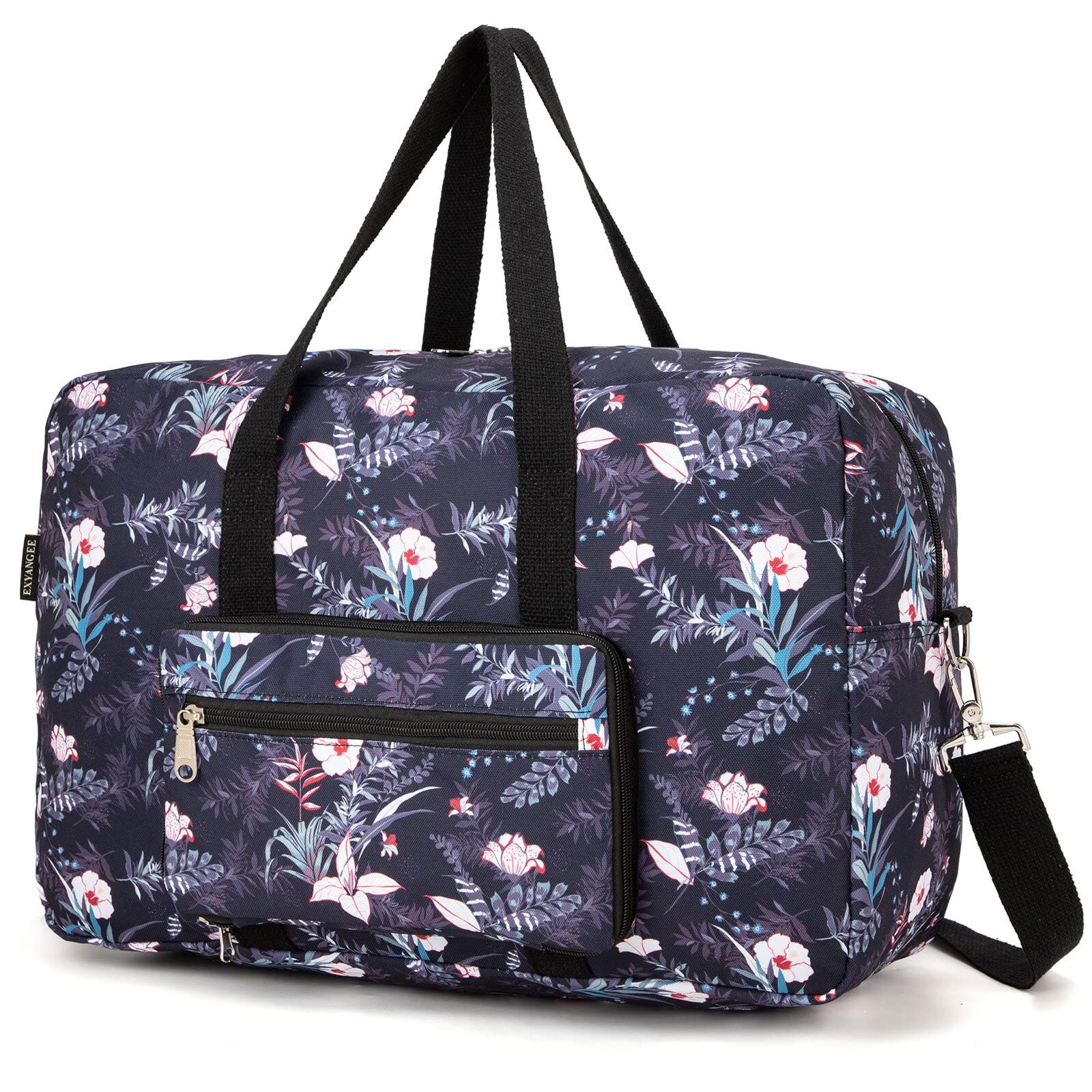 Foldable Travel Duffel Bag for Women - Medium Weekender Overnight Carry On Luggage with Black Floral Pattern | Perfect for Gym, Beach Trips & Weekend Getaways