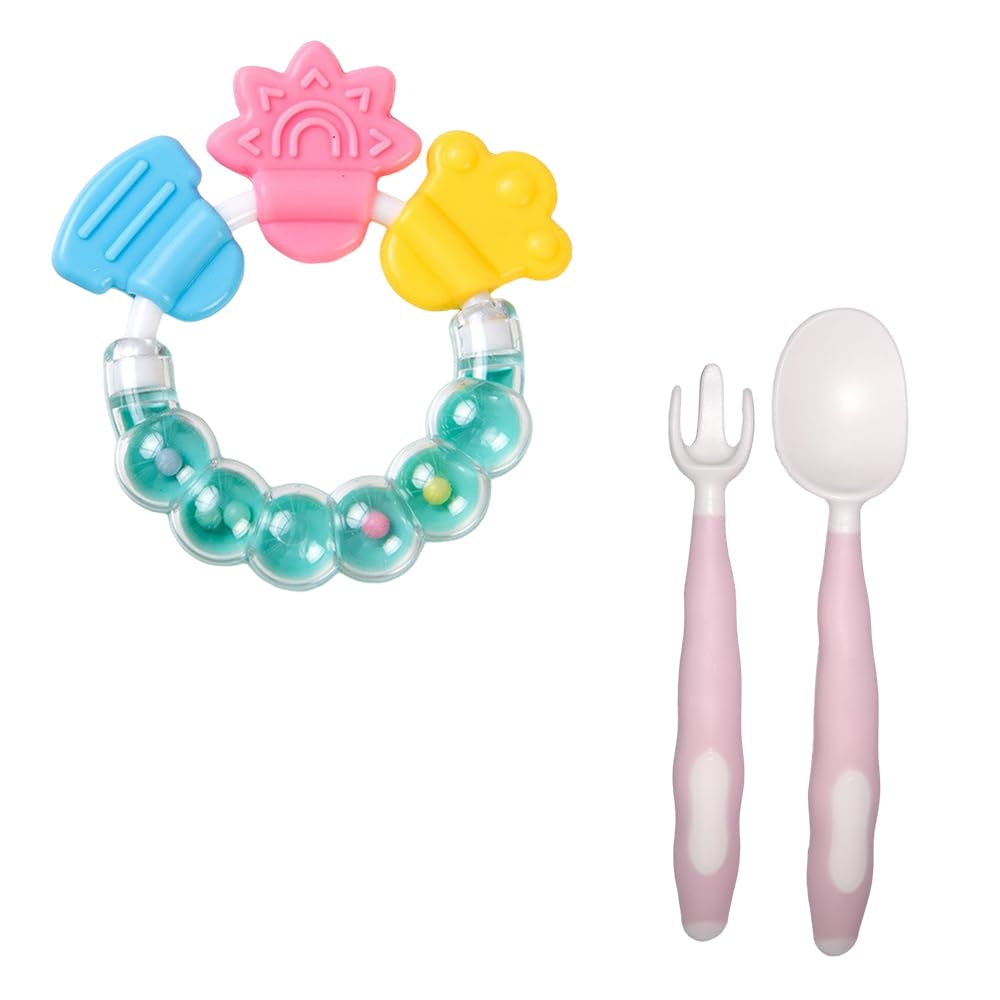 Kritiu BPA-Free Silicone Baby Rattle Nibbler & Spoon Set - Safe Teething Toys for Infants 6+ Months - Green & Pink Baby Feeding Essentials for Soothing Gums & Learning Self-Feeding | Perfect for On-the-Go, Daycare & First Foods