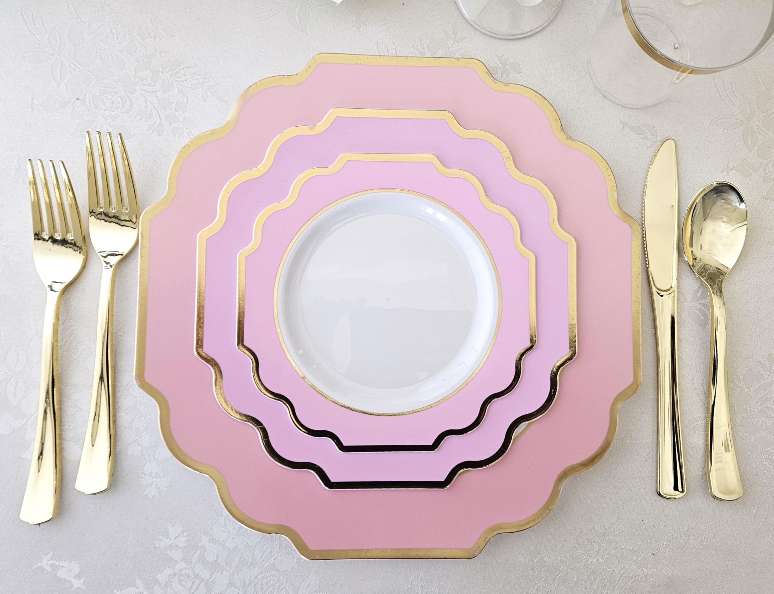 60 Heavyweight Disposable Plastic Plates for Weddings & Parties - 8'' Dinner Plates in Imperial White, Light Pink & Gold - Elegant Tableware for Special Occasions, Events & Celebrations