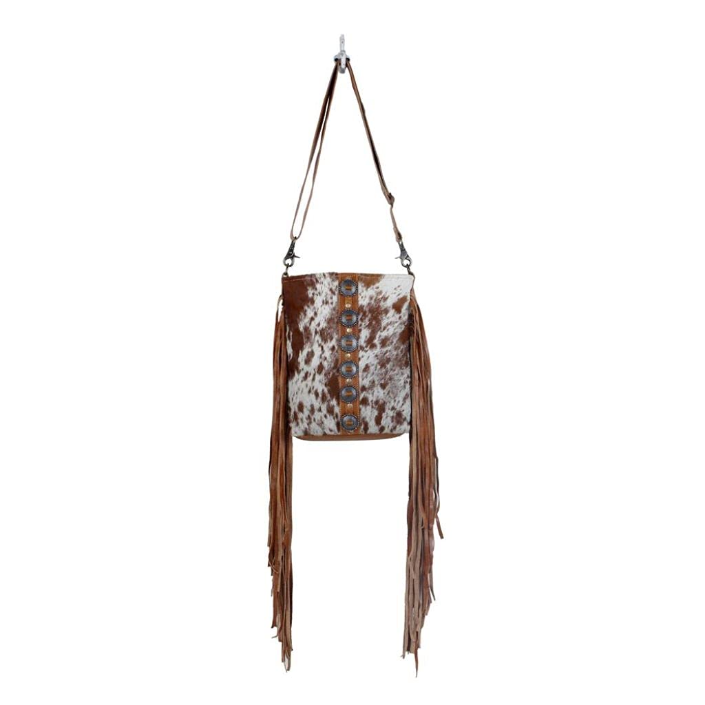 Myra Bag Women's Flouncy Cowhide Handbag - Upcycled Leather & Cowhide Purse S-2850 | Stylish & Eco-Friendly for Work, Travel & Everyday Use