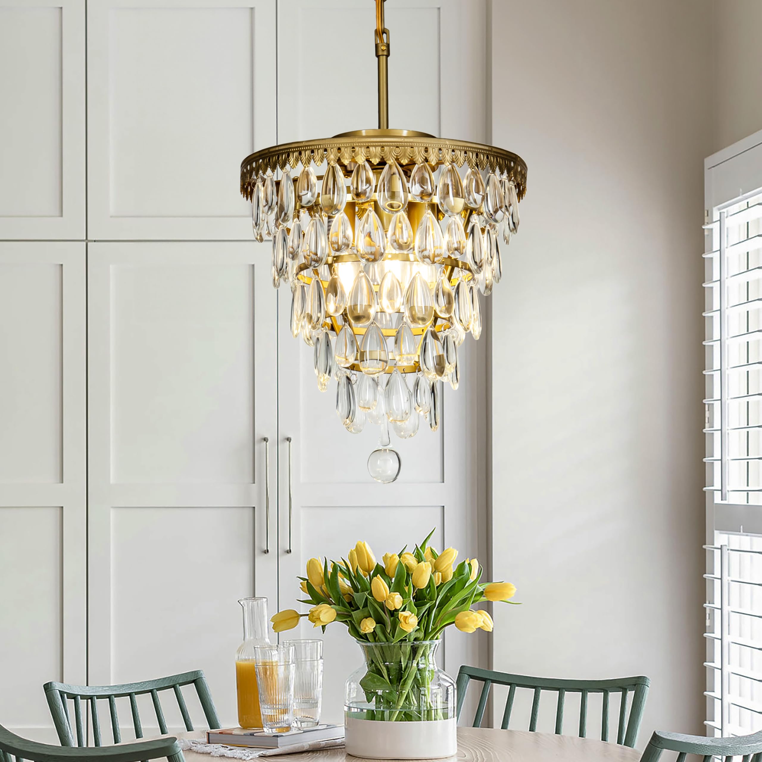 3-Light Modern Gold 5-Tiered Tear Drop Crystal Chandelier - Antique Brass Finish with Raindrop Crystals - 12 Inch Wide - Perfect for Living Room, Dining Room, Bathroom & Bedroom Lighting