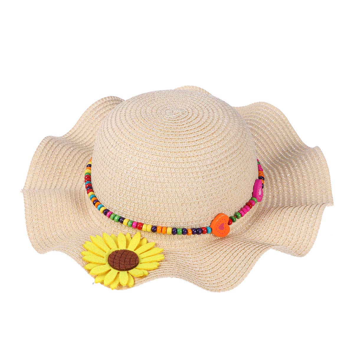 TENDYCOCO Kids Sun Hat - Straw Visor Summer Beach Hat with Sunflower Beads for Girls & Boys - UPF 50+ Sun Protection - Perfect for Outdoor, Pool, Vacation & Playtime (Beige)