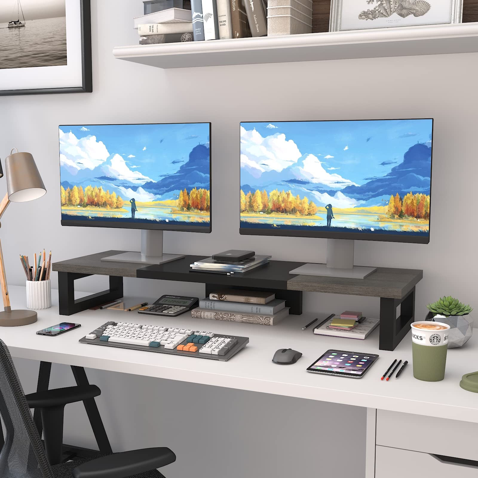 Premium WESTREE Dual Monitor Stand Riser - Sturdy Wood & Steel Construction - Ergonomic Computer Monitor Stand for 2 Screens - Multi-Functional Desktop Organizer for Computer, Laptop, Printer & TV - Perfect for Home Office, Gaming Setup & Workspace Organization