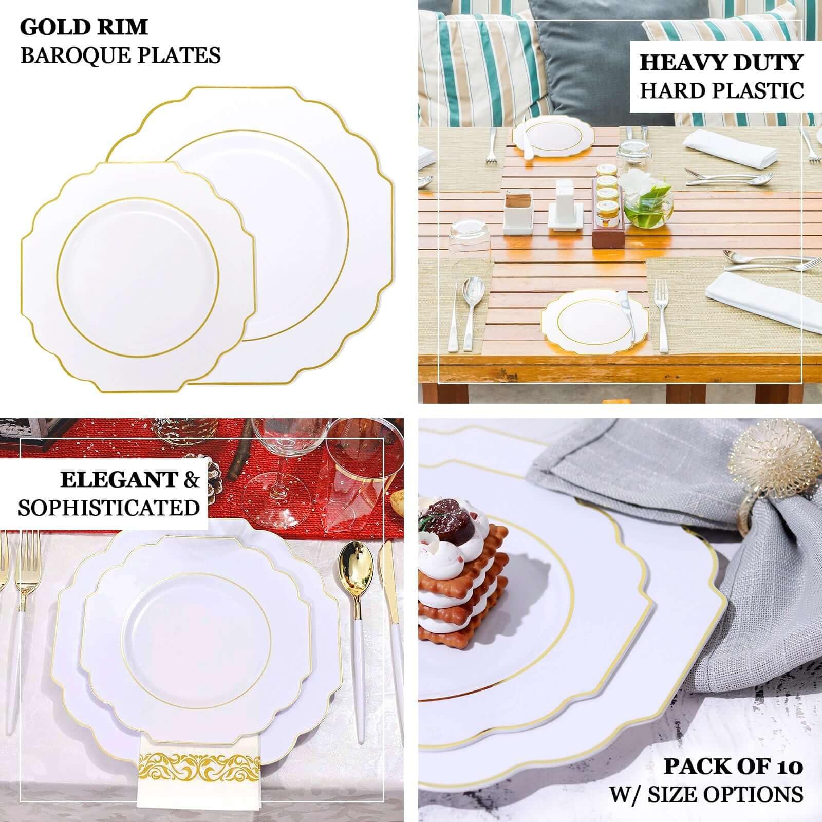 Efavormart 10 Pack 8 Inch White Plastic Dessert Plates - Disposable Gold Rim Baroque Style Salad Plates for Parties, Weddings & Elegant Events