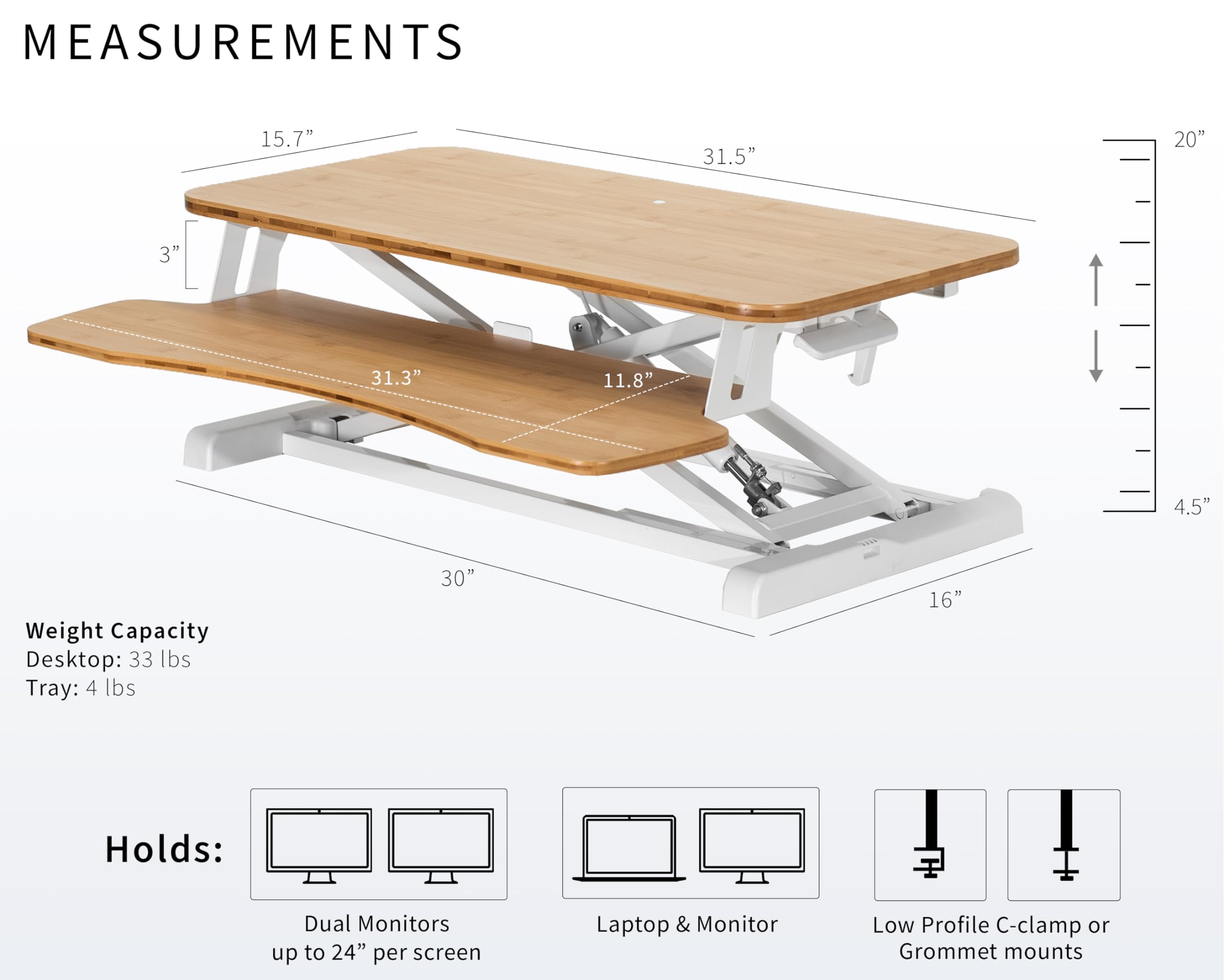 VIVO K Series 32 Inch Height Adjustable Sit to Stand Desk Converter - Dual Monitor & Laptop Workstation with Wide Bamboo Keyboard Tray, White Frame (DESK-V000KO) for Home Office, Gaming & Ergonomic Workspace Setup