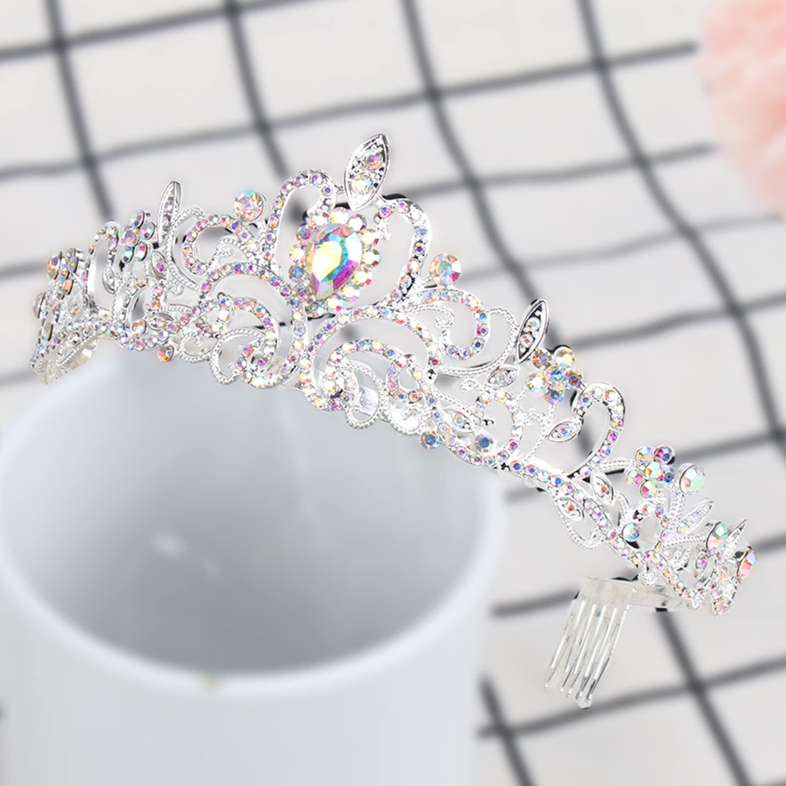 COCIDE Silver Tiara Crown with Aurora Borealis Crystals | Princess Rhinestone Headband with Combs | Bridal Wedding Prom Birthday Party Hair Accessories for Women & Girls | Perfect for Brides, Pageants, and Special Occasions