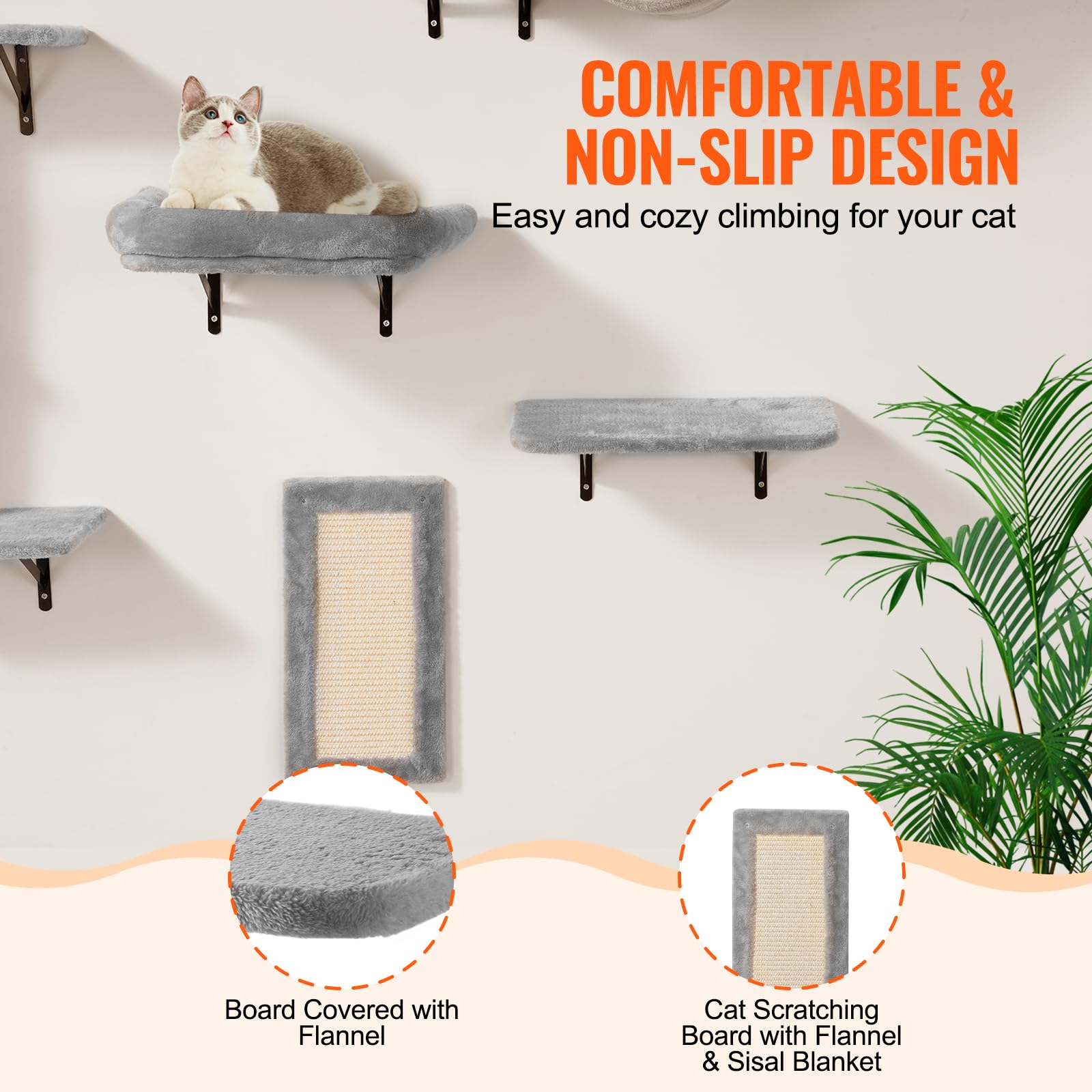 VEVOR Wall Mounted Cat Shelves Set of 6 - Cat Climbing Furniture with Perches, Jumping Boards, Hammock & Sofa - 40 lbs Capacity for Indoor Cats - Perfect for Play, Sleep & Climbing in Living Rooms & Bedrooms