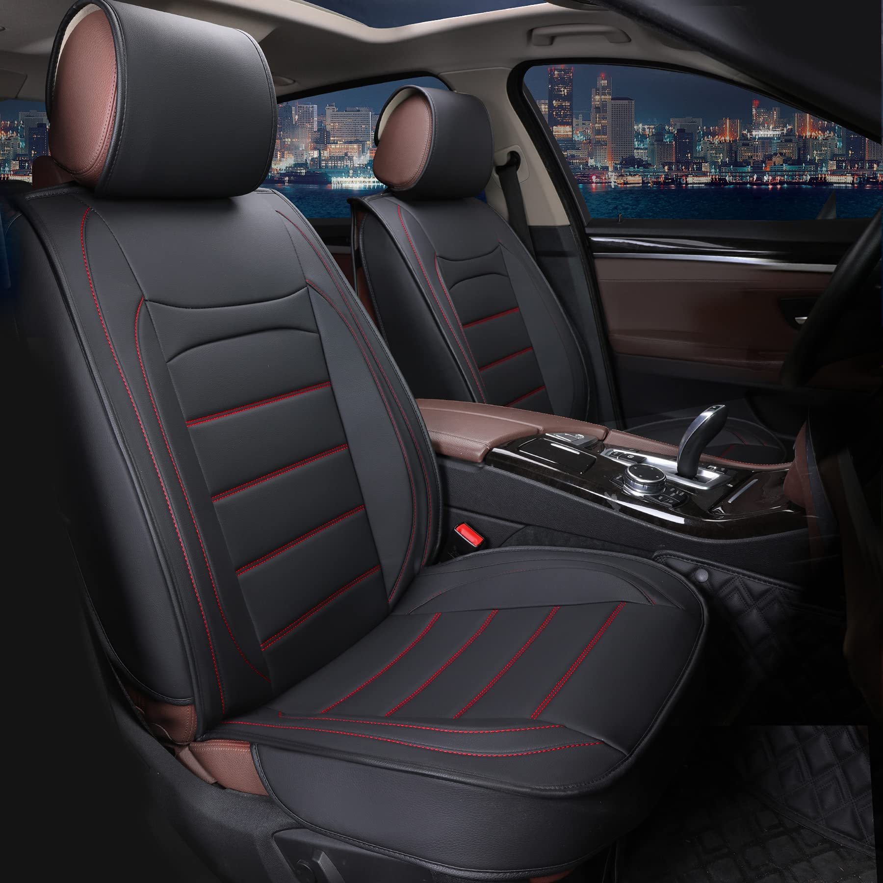 Premium Universal Leather Car Seat Covers Full Set - Waterproof Leatherette Auto Seat Protectors for SUV, Truck & Sedan | Black & Red | Perfect for Road Trips & Daily Commuting