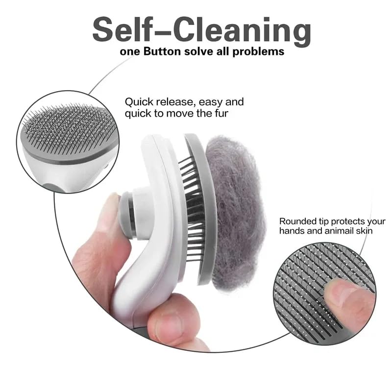 Self-Cleaning Dog & Cat Brush - Grooming Slicker Brush with Smooth Handle & Cleaning Button - Pet Hair Removal & Massage Tool for Dogs & Cats (Grey) - Perfect for Daily Grooming, Shedding Control & Relaxing Pet Massage at Home