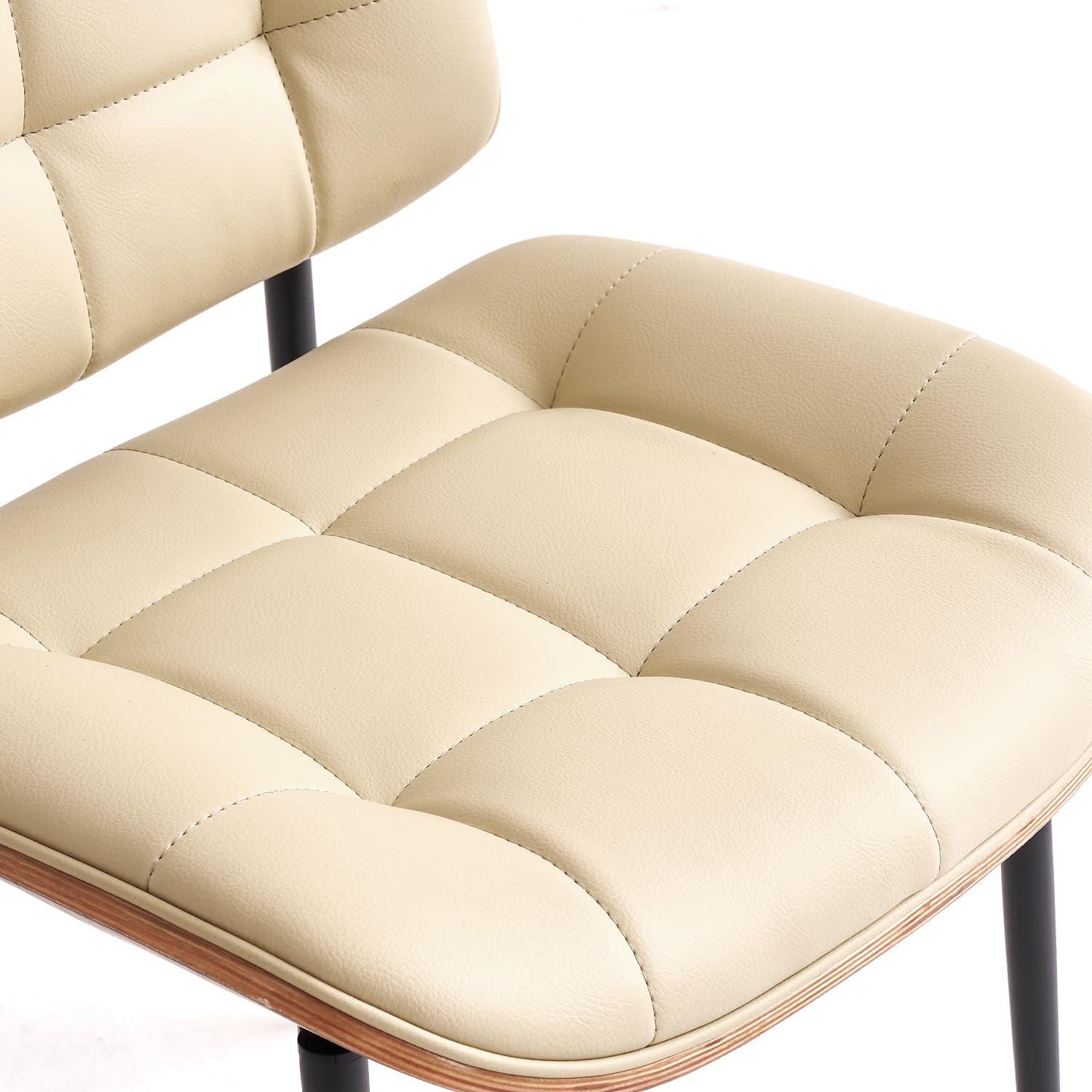 Mid Century Modern Dining Chairs Set of 4 - Walnut Grain Back, Beige Faux Leather Upholstery, Checkered Soft Cushion & Adjustable Foot Pads - Elegant Kitchen & Dining Room Chairs for Home, Restaurant or Cafe