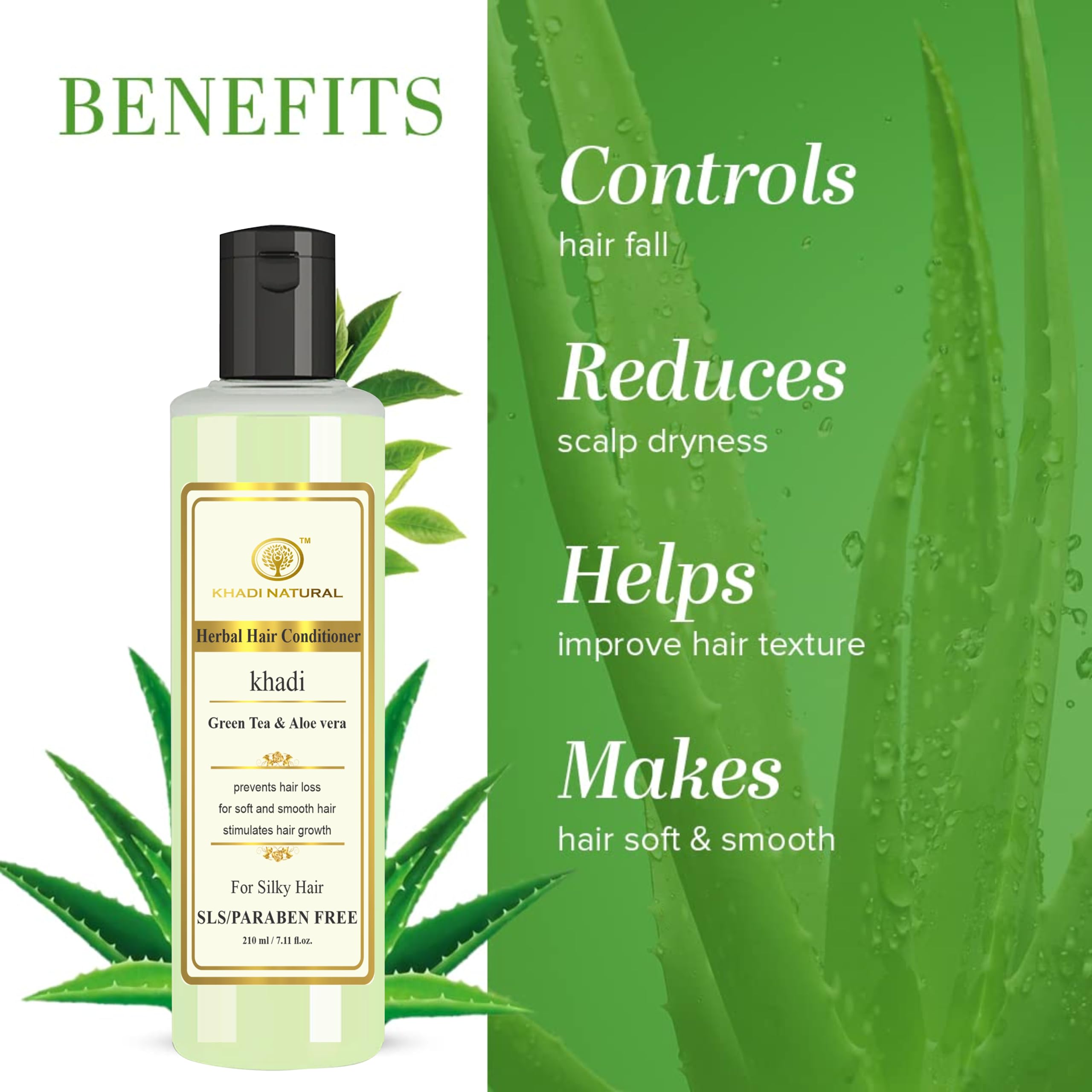 Khadi Natural Green Tea & Aloe Vera Hair Conditioner 210ml - Anti Hair Fall Treatment for Damaged Hair, Frizz Control & Scalp Nourishment | Ideal for Dry, Curly & Color-Treated Hair | Vegan & Chemical-Free Hair Care