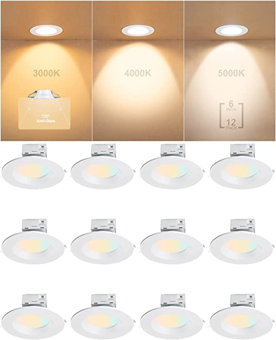 12-Pack 6 Inch LED Recessed Lighting Kit - Dimmable Canless Downlight with 3000K/4000K/5000K 3CCT & 90+ CRI - 1200LM Ultra Slim IC Rated Ceiling Lights for Living Room, Kitchen, Bedroom, and Office