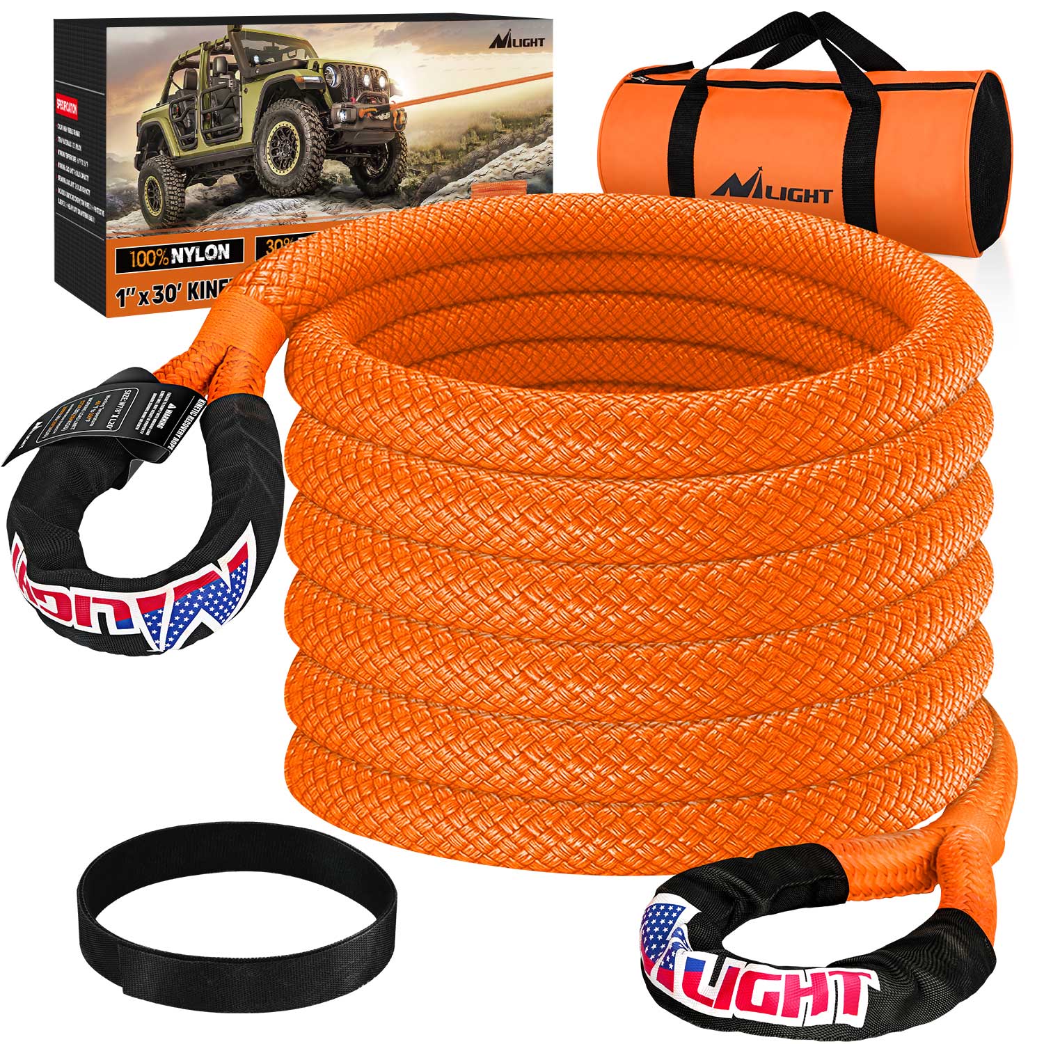 1in x 30ft Heavy Duty Kinetic Recovery Rope - 33000LBS Capacity Off-Road Towing Strap for Jeep, Truck & SUV - Perfect for Mud, Sand & Snow Recovery