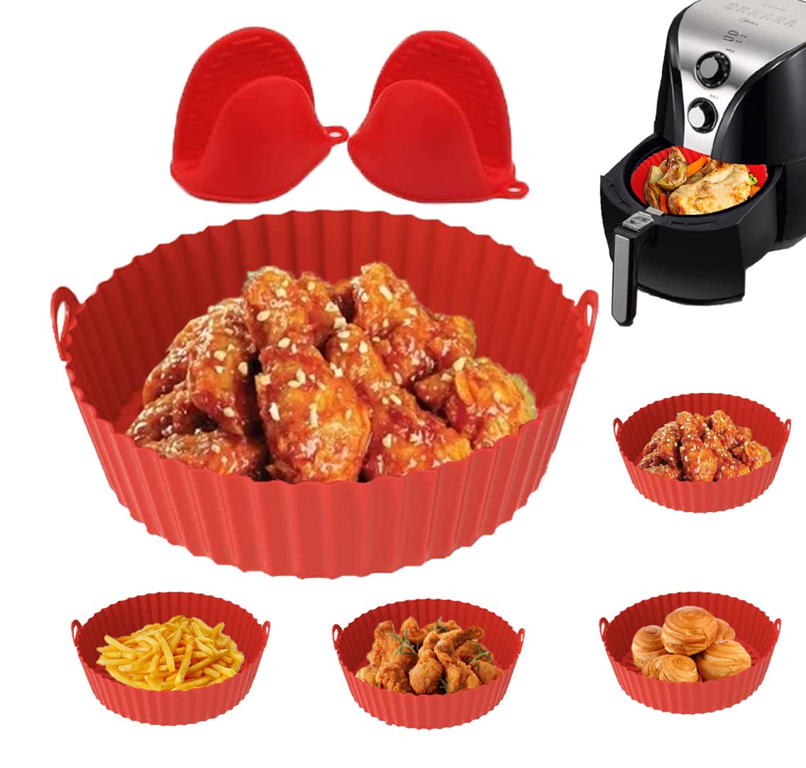 8.5-Inch Air Fryer Basket with 2 Kitchen Gloves - Reusable Silicone Accessories for 5-8 Qt Air Fryers (Red) - Perfect for Healthy Frying, Roasting, and Baking at Home