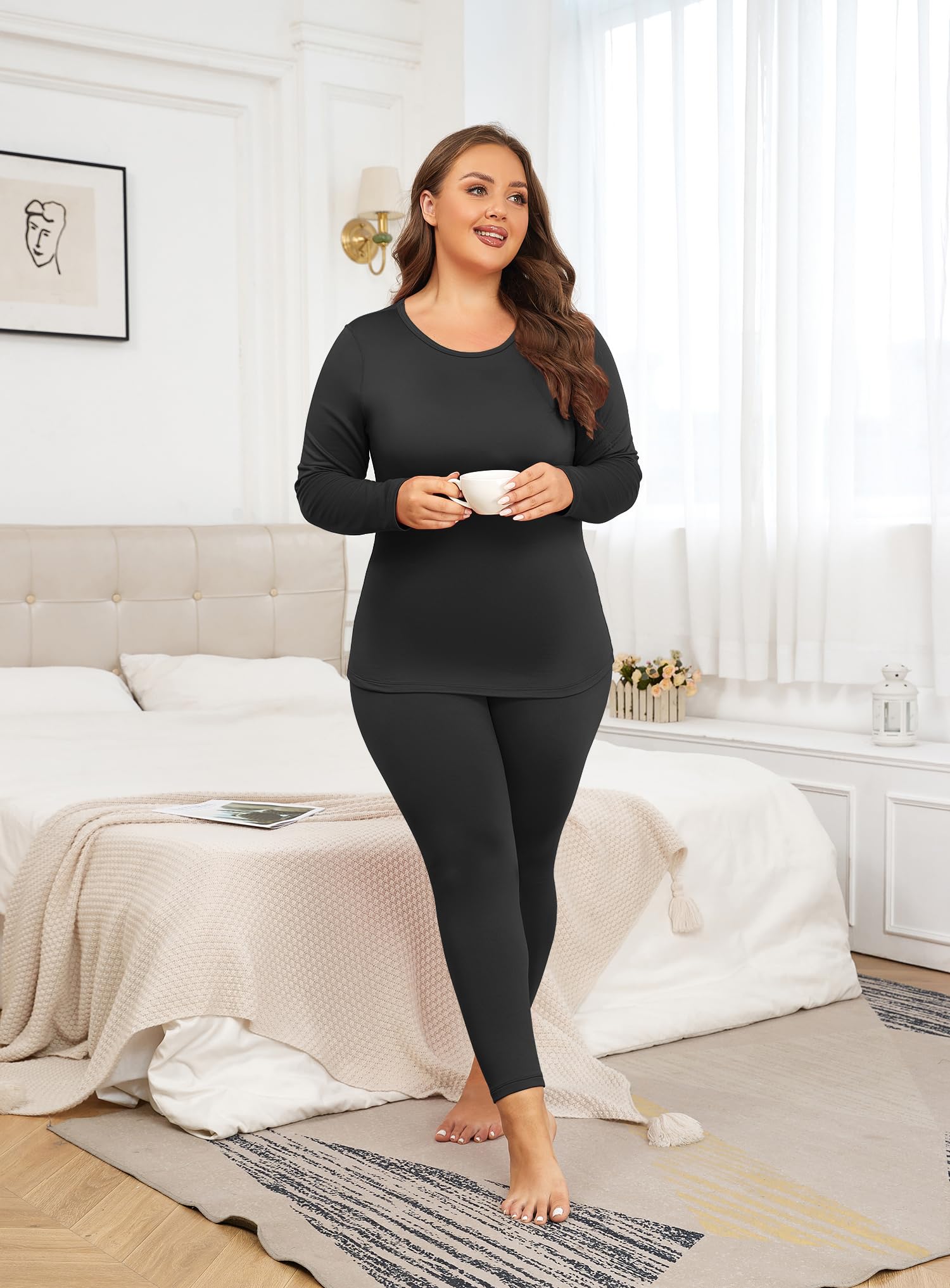 Women's Plus Size Thermal Underwear Set - Fleece Lined Long Sleeve Base Layer Top & Bottom for Cold Weather (XL-5XL) | Winter Workout, Skiing, Snowboarding & Outdoor Activities