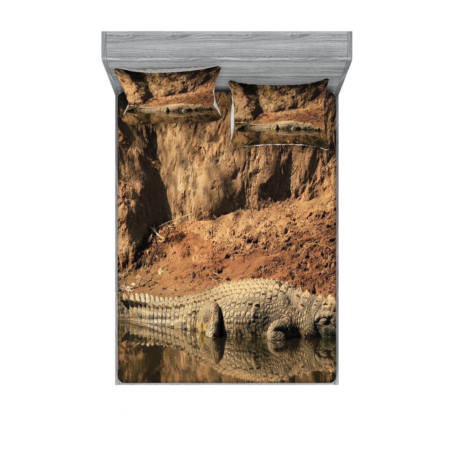 Ambesonne 2-Pack Full Size Fitted Sheets & Pillow Sham Set - Wild Crocodile Hunting Theme Brown Tan Bedding Decor (Includes 2 Fitted Sheets & 4 Pillow Covers) - Perfect for Jungle Themed Bedrooms, Safari Decor, or Animal Lovers' Home Decor