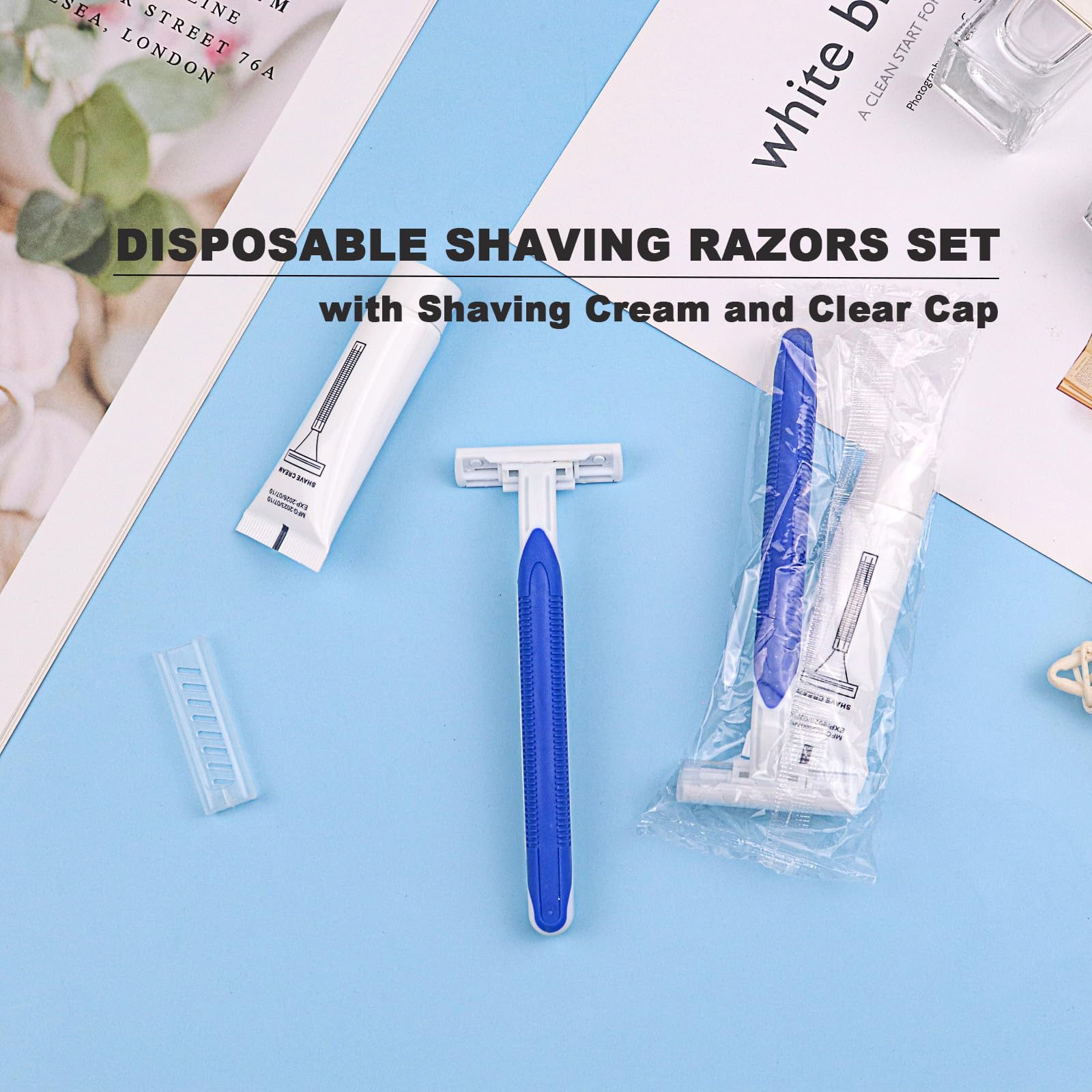 60 Pack Bulk Disposable Razors - Twin Blade Shaving Razors with Clear Cap & 10g Shaving Cream - Individually Wrapped for Hygiene - Perfect for Travel, Hotels, Shelters & Charity Donations - Smooth Shaving Solution for Men & Women