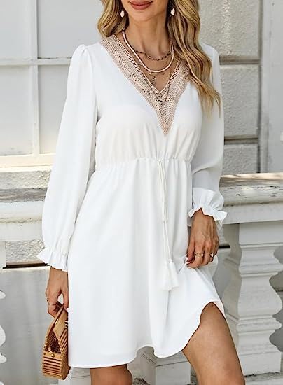 Elegant Women's Lace V-Neck Chiffon Midi Dress with Long Sleeves - Casual Flowy Mini Dress for Daily Wear, Vacation & Special Occasions | Perfect for Office, Date Night, Spring & Summer Outfits | Great for Weddings, Parties, and Evening Events