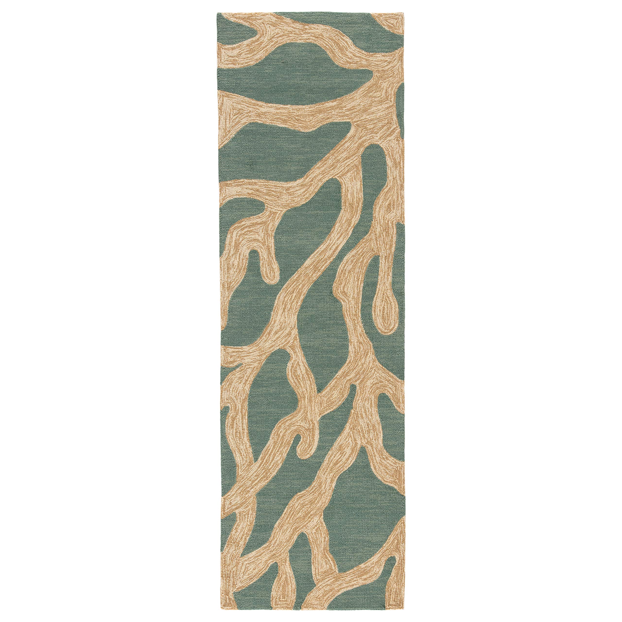 Jaipur Living Outdoor 2x8 Runner Rug - Abstract Teal and Tan Patio Rug for Deck, Porch, or Balcony | Water-Resistant & Durable