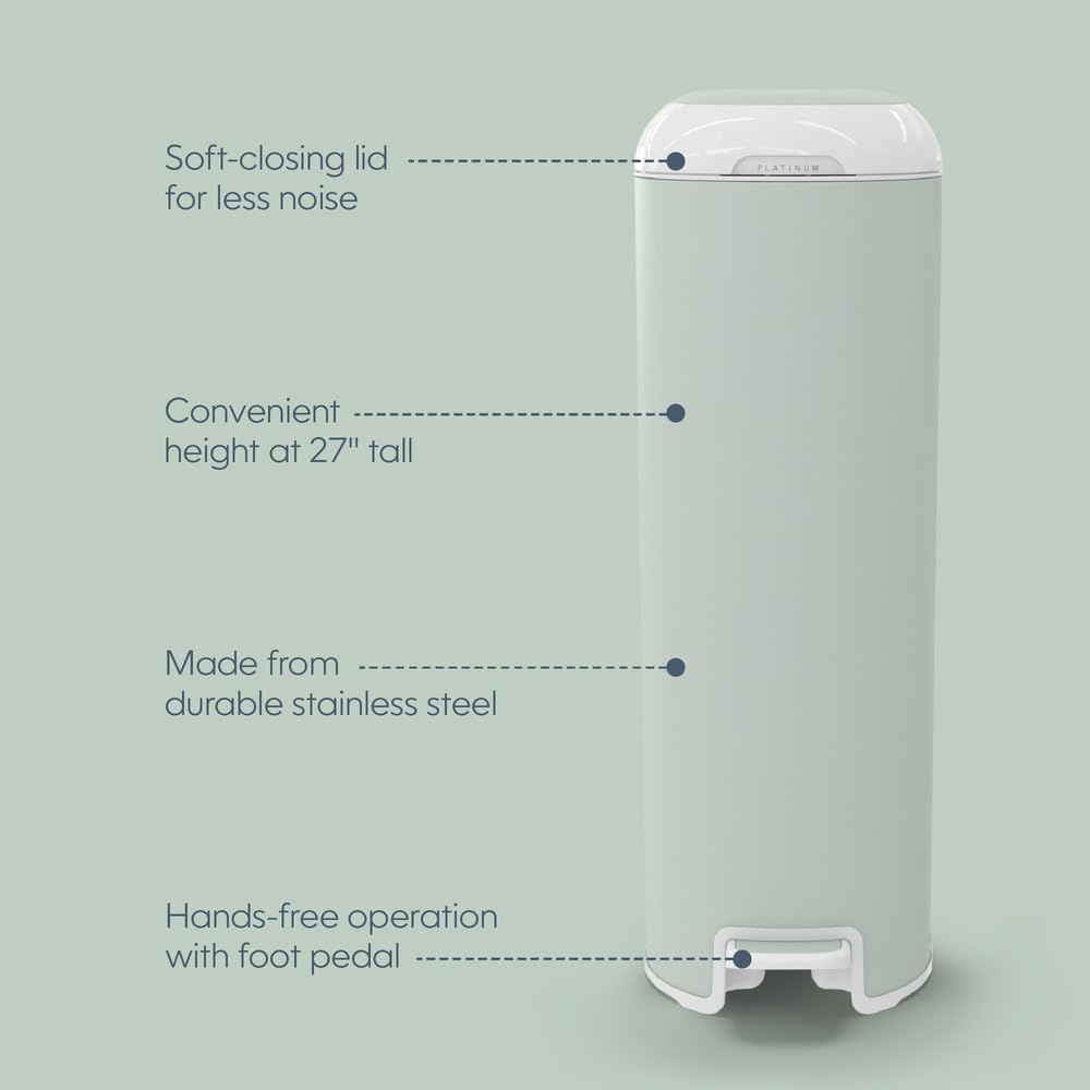 Diaper Genie Platinum Diaper Pail - Stainless Steel Baby Diaper Disposal System with Odor Control, Includes 1 Easy Roll Refill (18 Bags), Sage Green - Perfect for Nursery, Baby Room & Daycare Centers