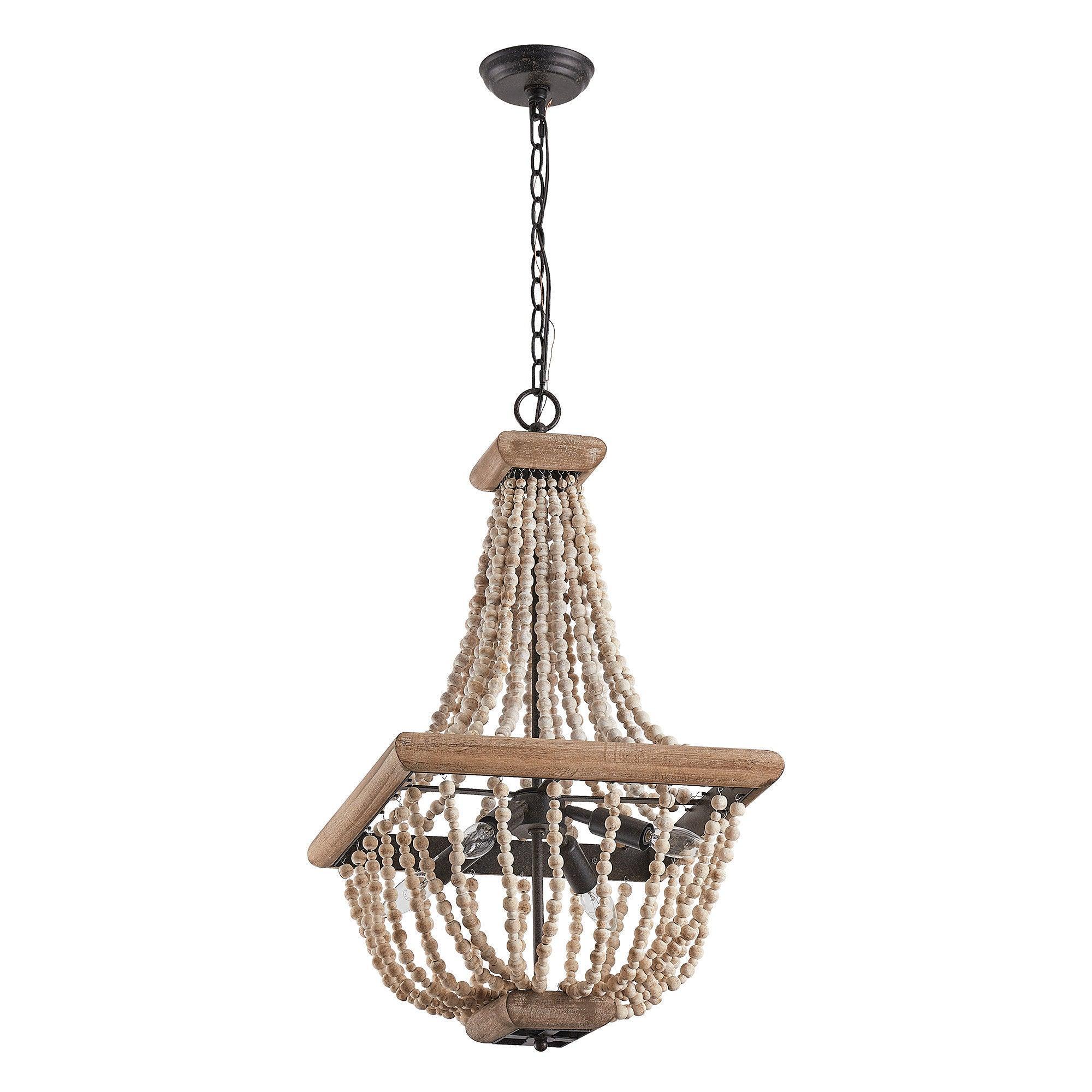 Regas 4-Light Wood Bead Candle Style Chandelier - Rustic Farmhouse Ceiling Light Fixture for Dining Room, Bedroom, or Living Room Decor