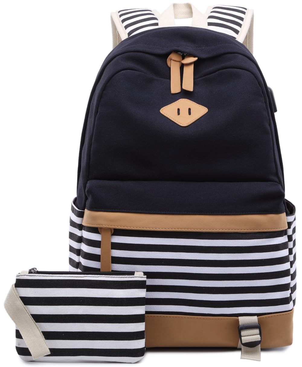 Stylish Women's Laptop Backpack for College & Travel - 15.6 Inch USB Charging Bookbag with Durable Canvas - Perfect for School, Work & Daily Commute (Black)
