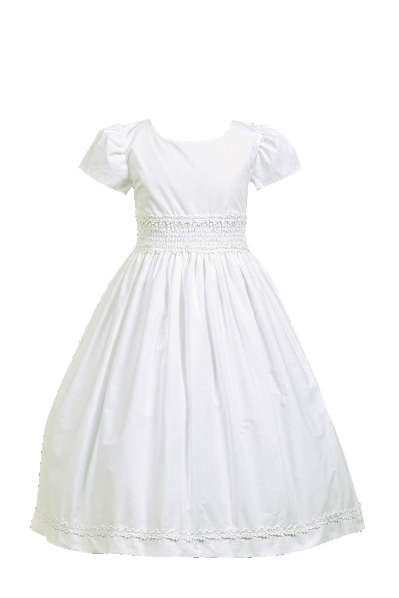Lito Girls Communion Dress Size 12 - White Cotton Smocked Short Sleeve Church Dress for First Holy Communion & Special Occasions